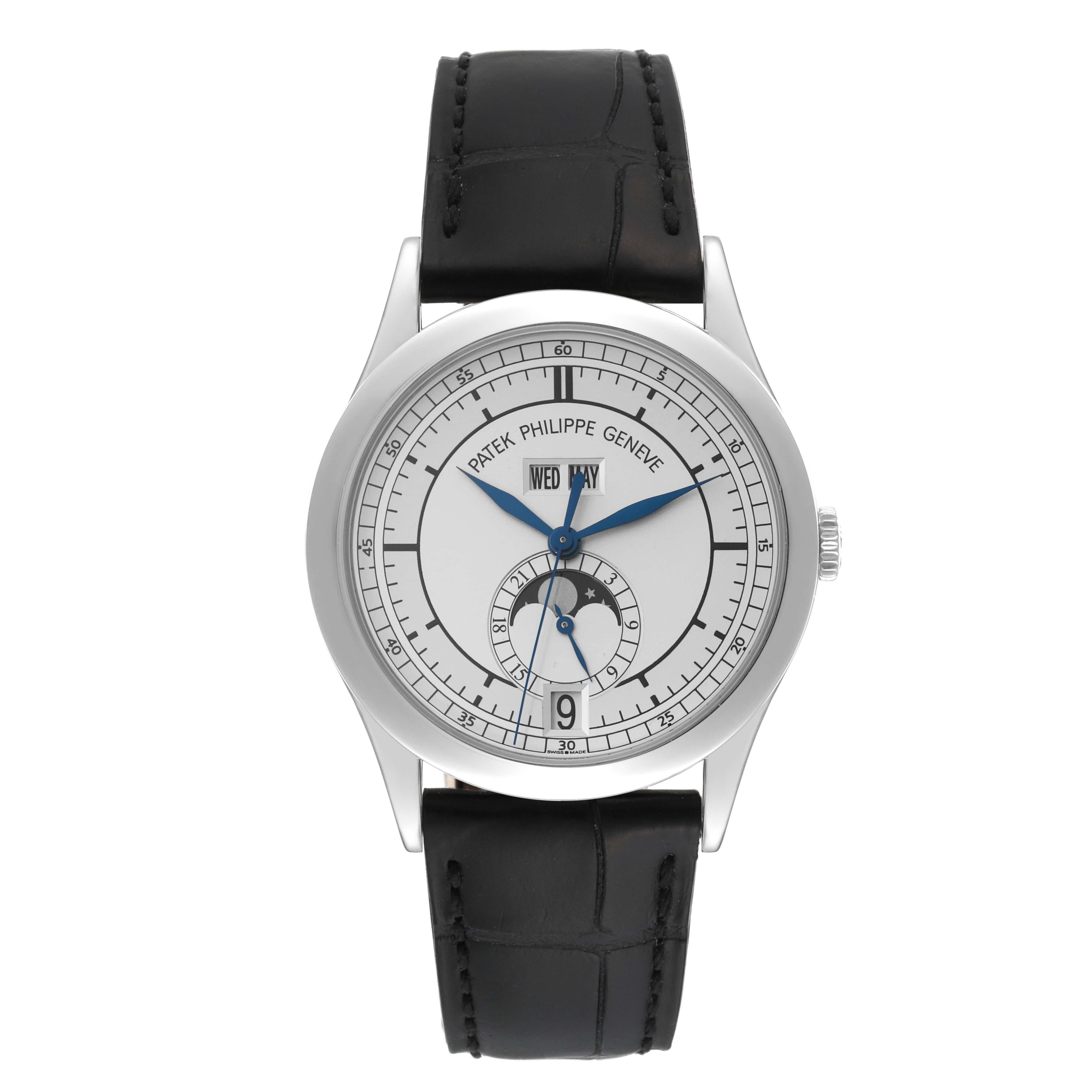 Patek Philippe Complications Annual Calendar White Gold Mens Watch 5396. Automatic self-winding movement. 18k white gold case 39.0 mm in diameter. Exhibition transparent sapphire crystal case back. 18k white gold bezel. Scratch resistant sapphire