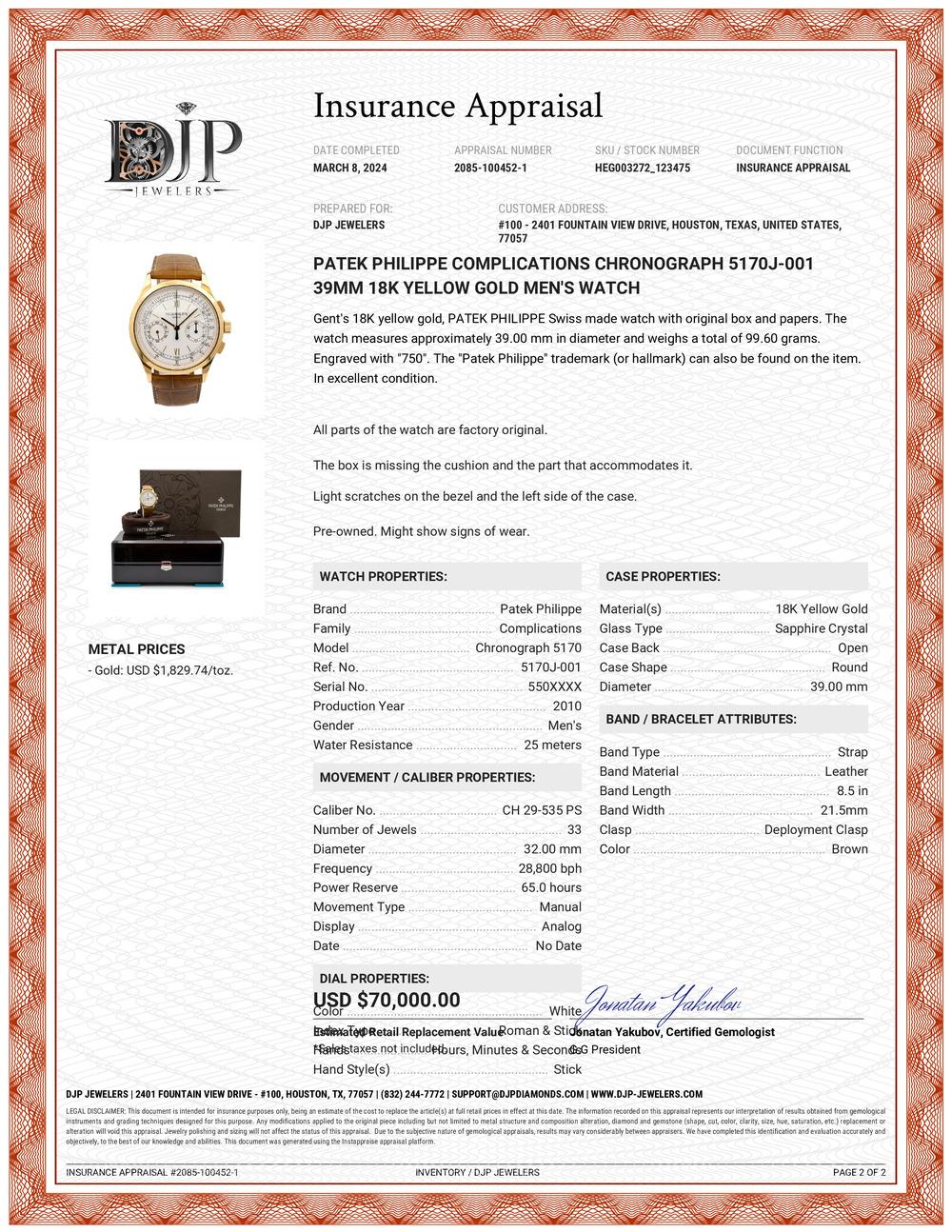 Patek Philippe Complications Chronograph 5170J-001 18K Yellow Gold Men's Watch For Sale 12