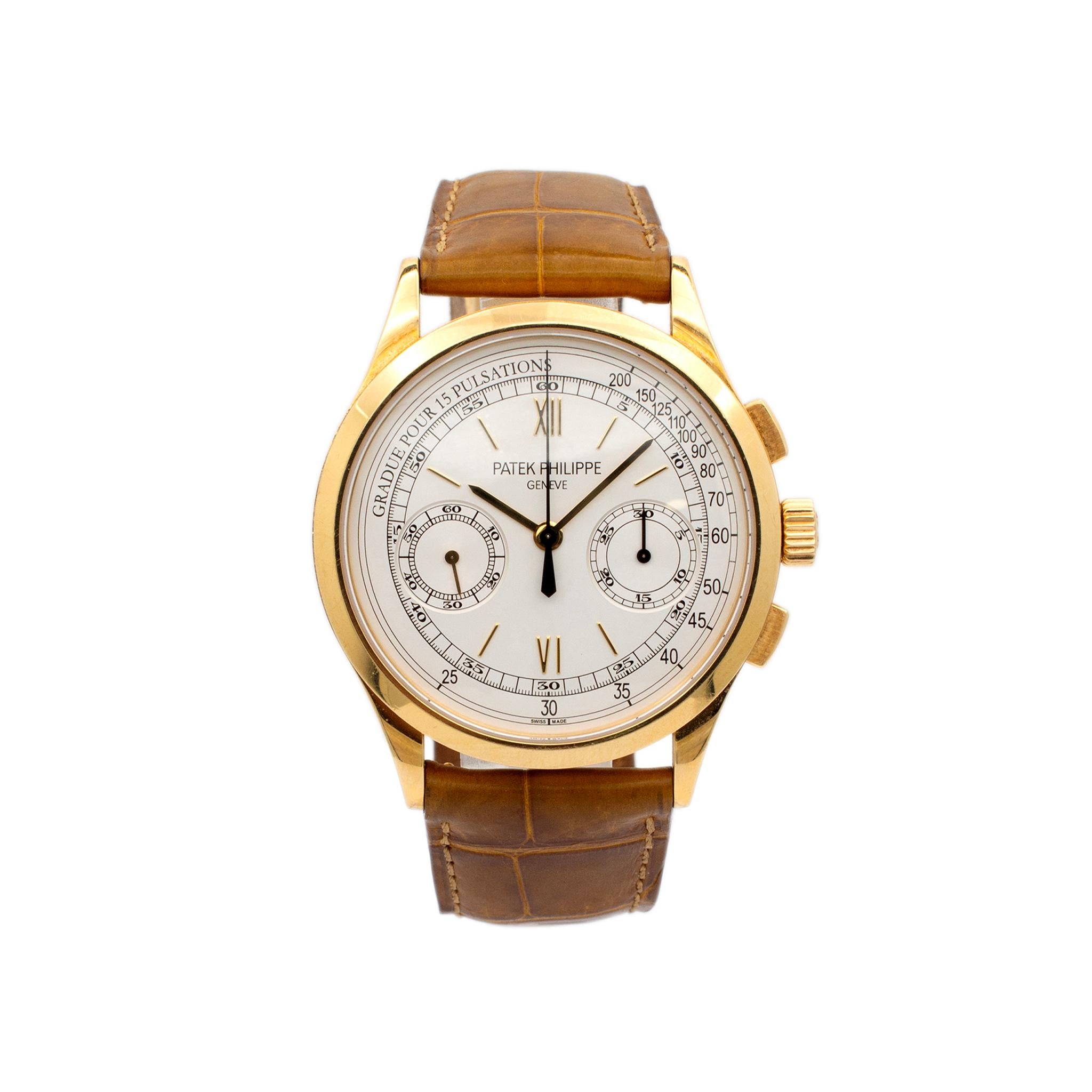 Brand: Patek Philippe

Gender: Men's

Metal Type: 18K Yellow Gold

Diameter: 39.00 mm

Weight: 99.60 grams

Gent's 18K yellow gold, PATEK PHILIPPE Swiss made watch with original box and papers.  Engraved with 