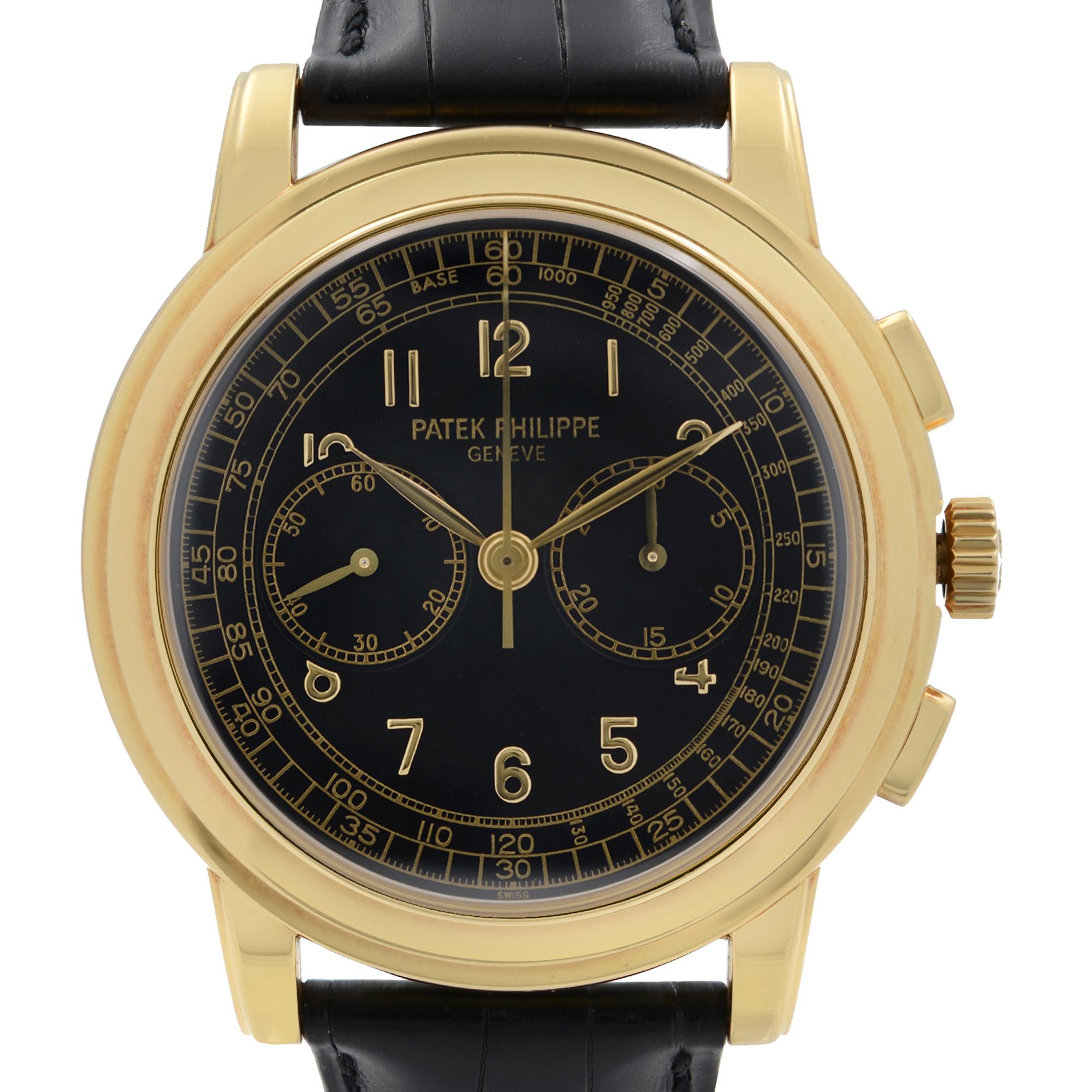 Pre Owned Patek Philippe Complications Chronograph Yellow Gold Hand Wind Watch 5070J-001. This Beautiful Timepiece is Powered by Mechanical (Manual) Movement And Features: Round 18k Yellow Gold Case with a Black Leather Strap, Fixed 18k Yellow Gold
