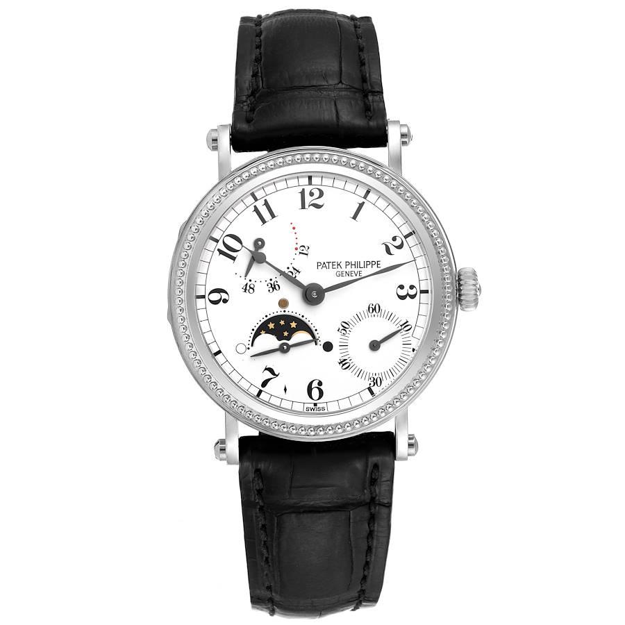 Patek Philippe Complications Moonphase White Gold Mens Watch 5015. Automatic self-winding movement. 18k white gold case 35.5 mm in diameter. Hinged case back with sapphire display underneath. 18k white gold hobnail bezel. Scratch resistant sapphire