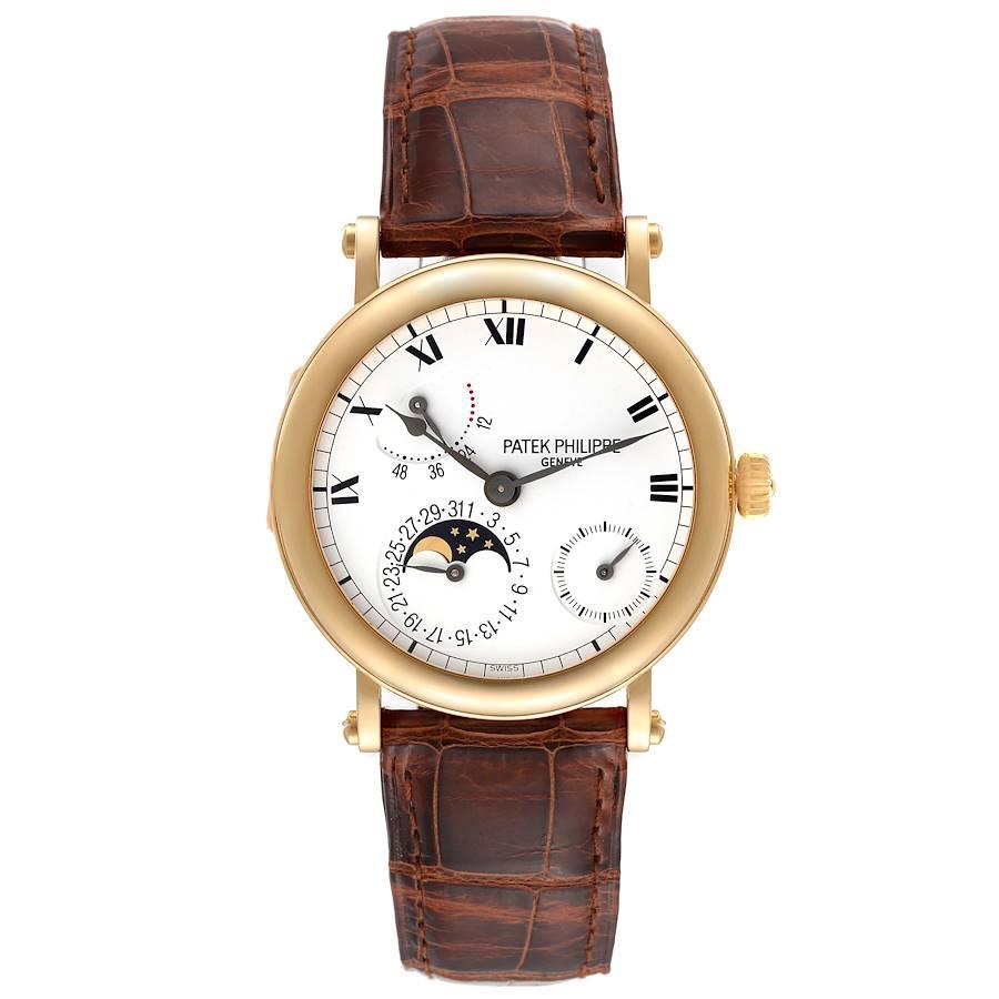 Patek Philippe Complications Power Reserve Moonphase Yellow Gold Mens Watch 5054. Mouvement automatique. rhodié, décor fausses cotes, échappement à ancre en ligne droite, balancier Gyromax, amortisseur, spiral plat auto-compensateur, micro-rotor en
