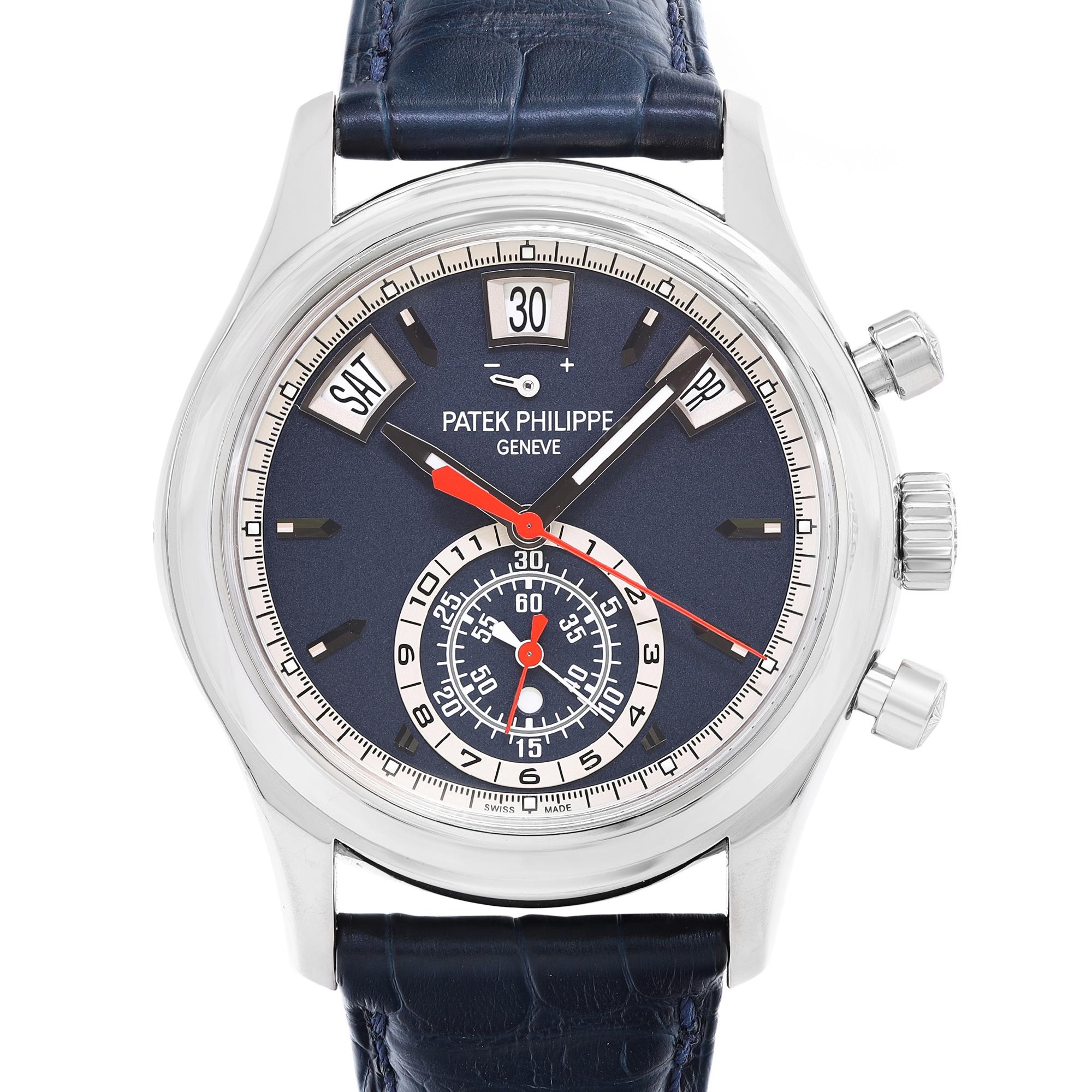 Pre-owned Patek Philippe Complications Annual Calendar White Gold Men's Watch 5960/01G-001. Brand new, 21-16mm, 120-65mm Blue matte leather strap on the 18K white gold deployment buckle. original Band and Deploymnety Buckle not related to this
