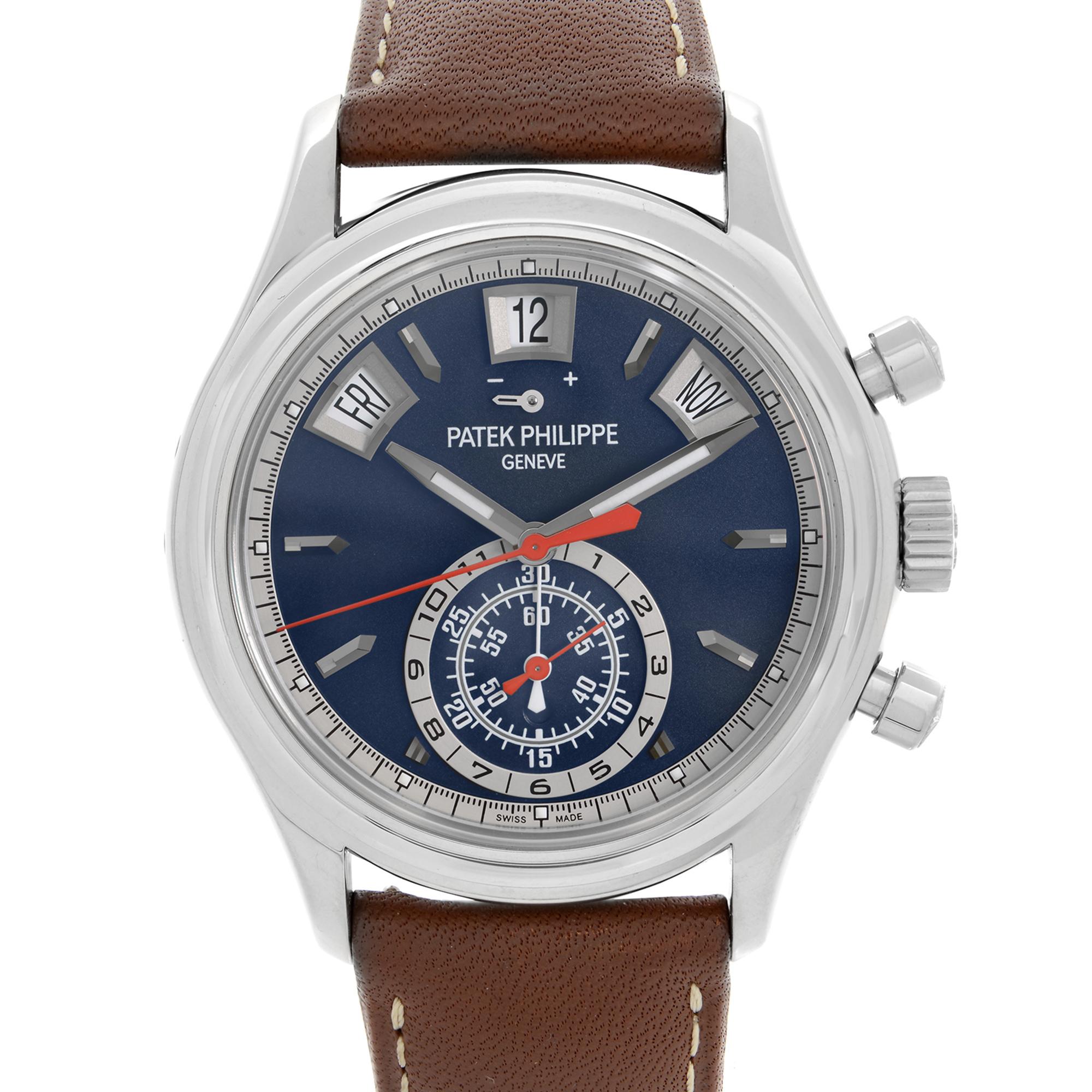 Pre-owned Patek Philippe Complications Annual Calendar White Gold Men's Watch 5960/01G-001. The watch comes with two sets of straps and closures: mint preowned, 21-16mm, 100-65mm brown grainy pattern leather strap on the 18K white gold buckle and a