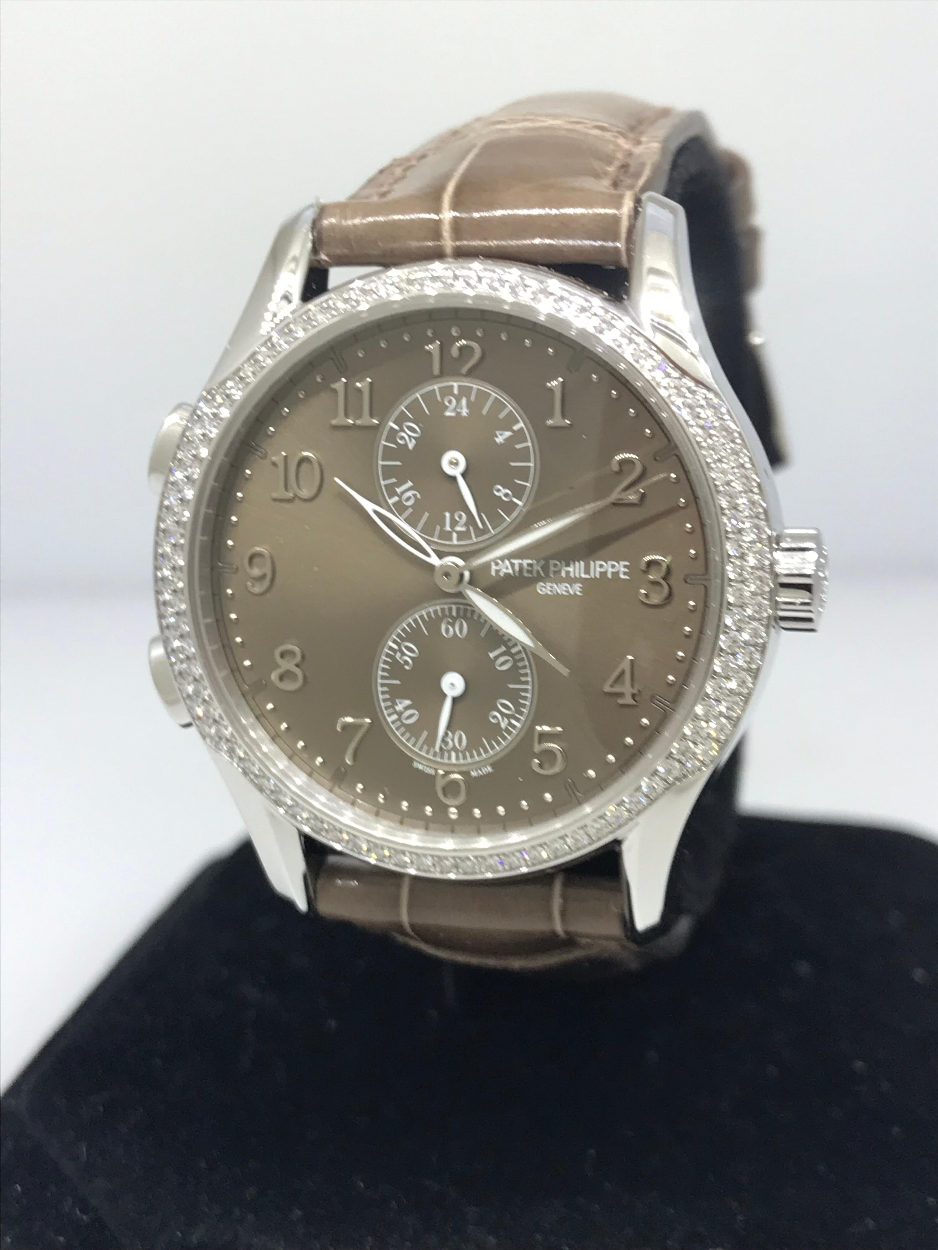 Patek Philippe Complications Ladies Watch

Model Number: 7134G-001

100% Authentic

Brand New

Comes with original Patek Philippe Box and Papers

18 Karat White Gold Case & Buckle

Diamond Bezel (112 Diamonds .59 Carats)

Brown Sunburst Dial

Case