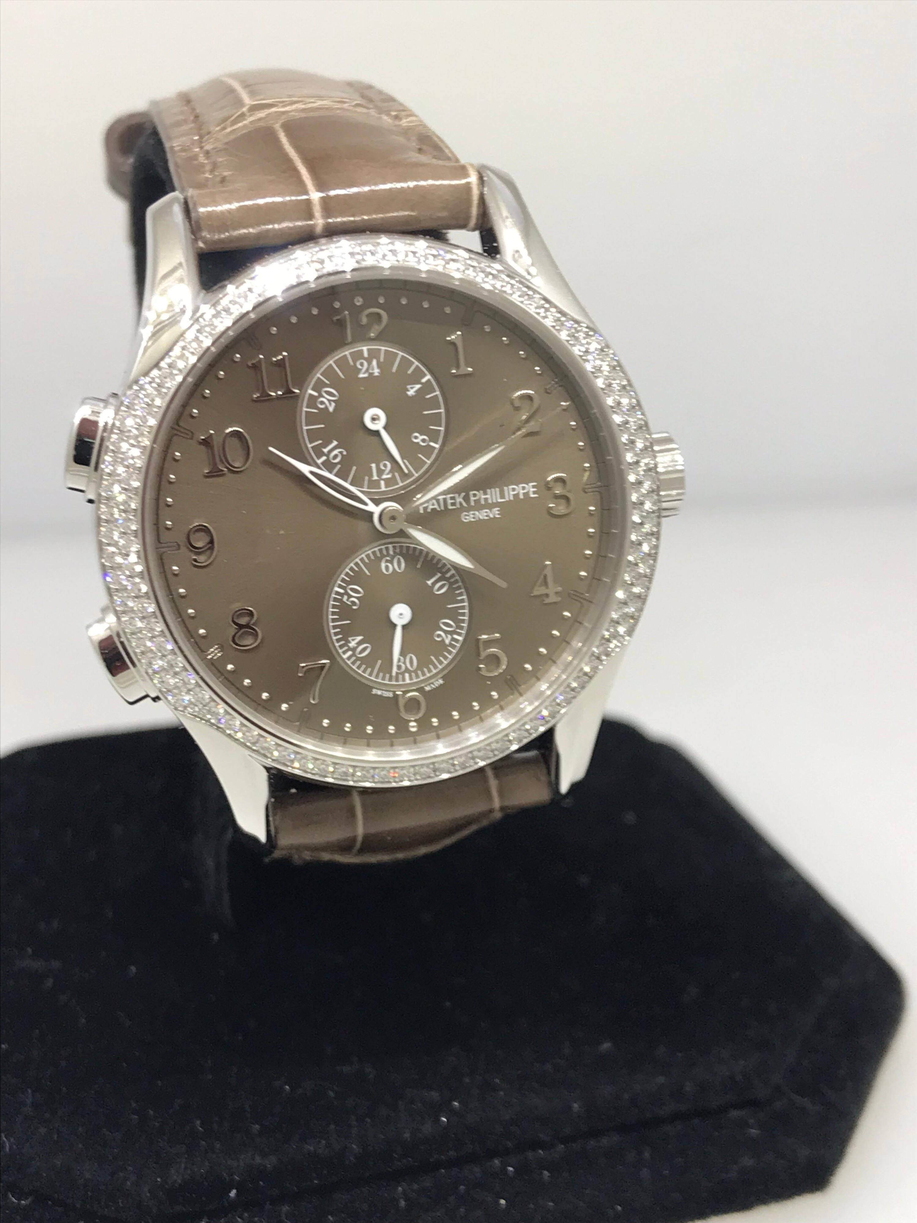 Patek Philippe Complications White Gold Diamond Bezel Ladies Watch 7134G--001 In New Condition For Sale In New York, NY