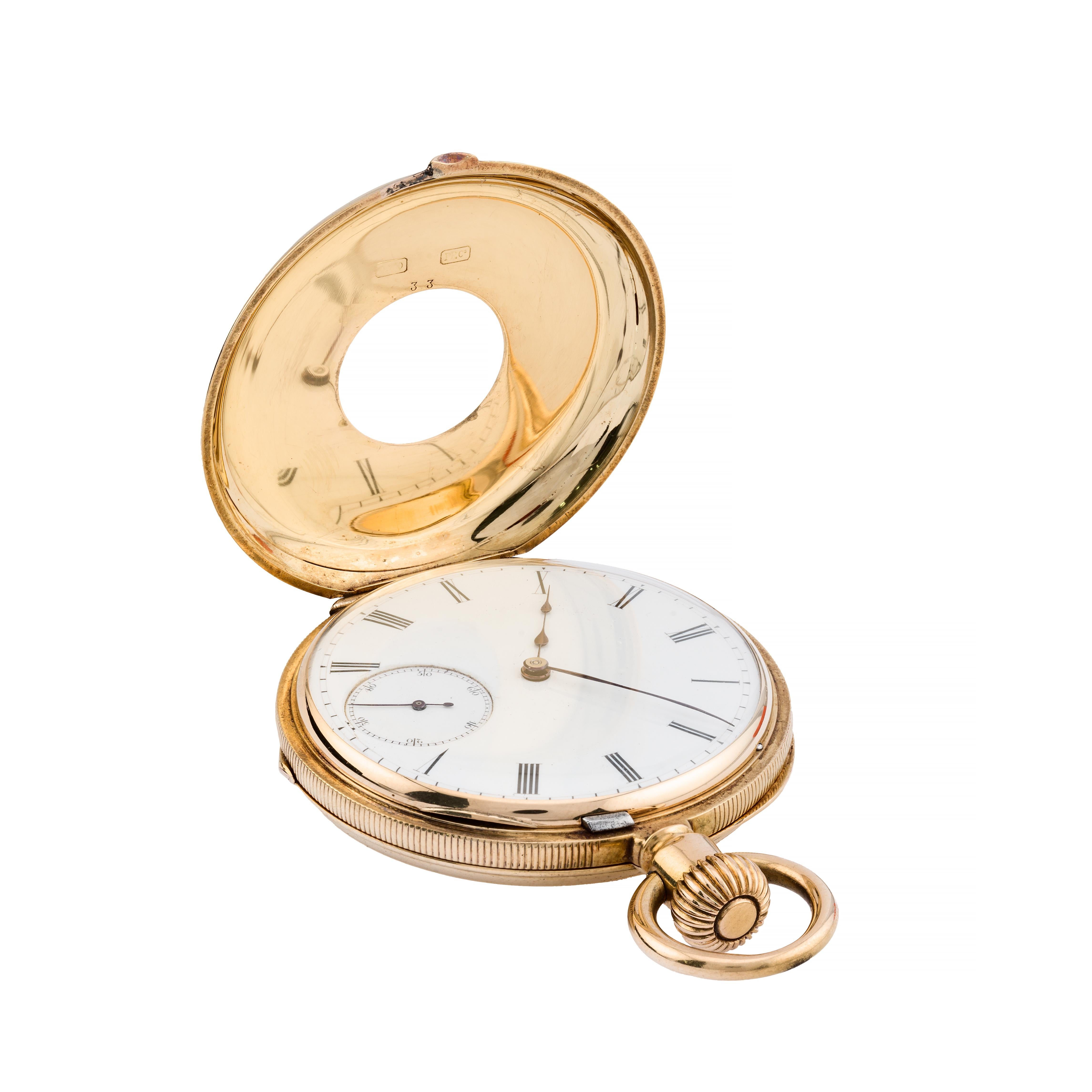 Aston Estate Jewelry Presents:

A Patek Philippe pocket watch crafted in 18k yellow gold.  Housed in a rare Demi, or Half Hunters case accented with black enamel.

The round watch features a classic dial with Roman numerals, exuding timeless