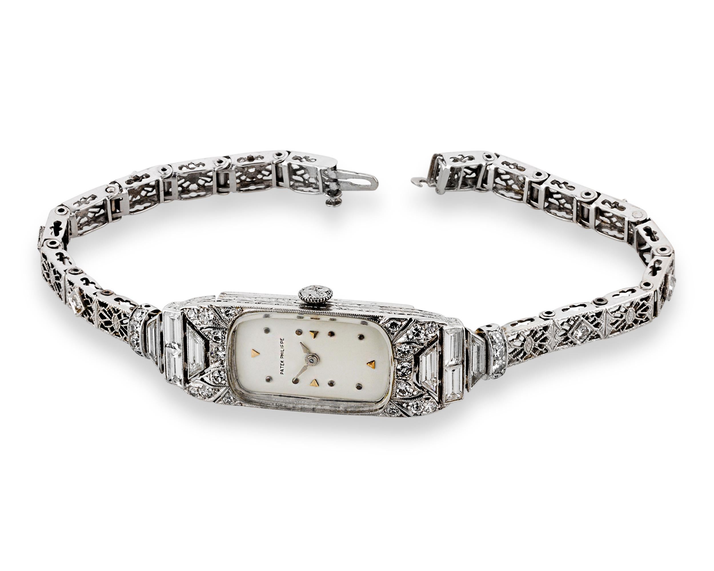 Patek Philippe, the renowned Swiss watchmaker, is synonymous with technical mastery, luxurious exclusivity and refined elegance. This exquisite wristwatch, crafted from 14K white gold and adorned with diamonds, exemplifies the celebrated aesthetic