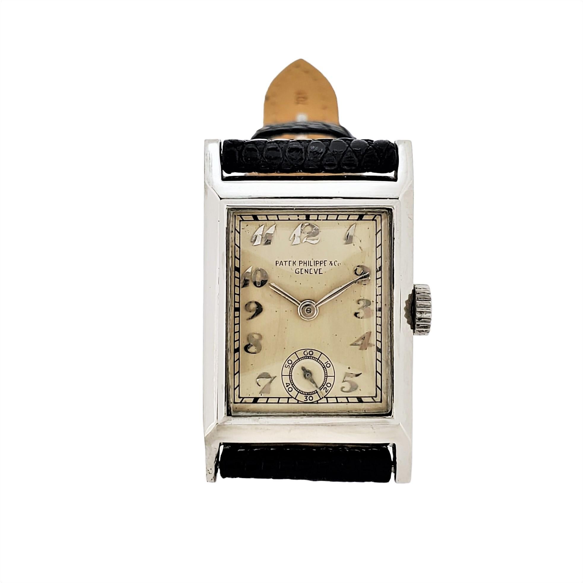 Patek Philippe Early Platinum Art Deco Rectangular Tank style watch circa 1930's In Good Condition For Sale In Santa Monica, CA