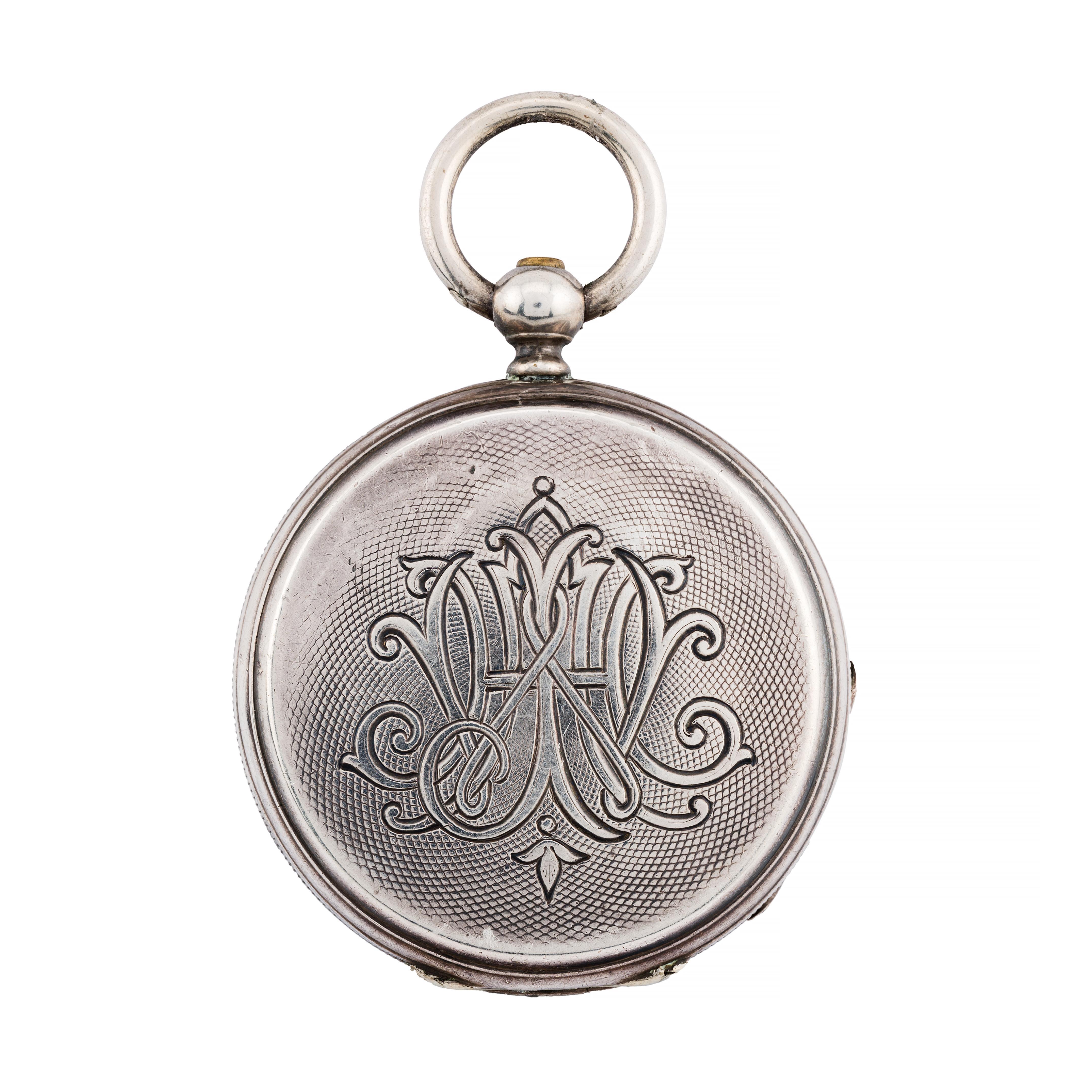 Aston Estate Jewelry Presents:

An early and rare Patek Philippe pocket watch, circa 1870. This timepiece is a very rare example silver, and features a beautifully engine turned case with factory engraved initials on the case back.  The cuvette is