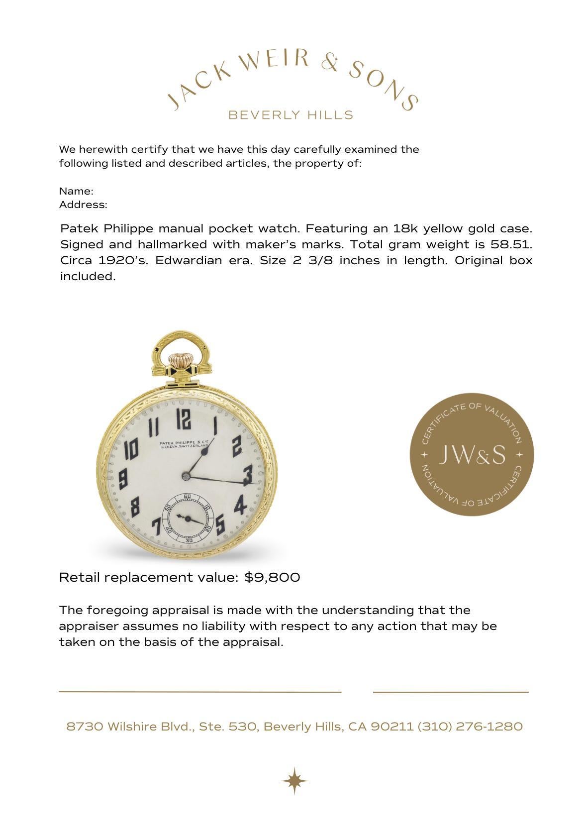 Orologio da tasca Patek Philippe Edwardian in oro giallo 18 carati in vendita 2