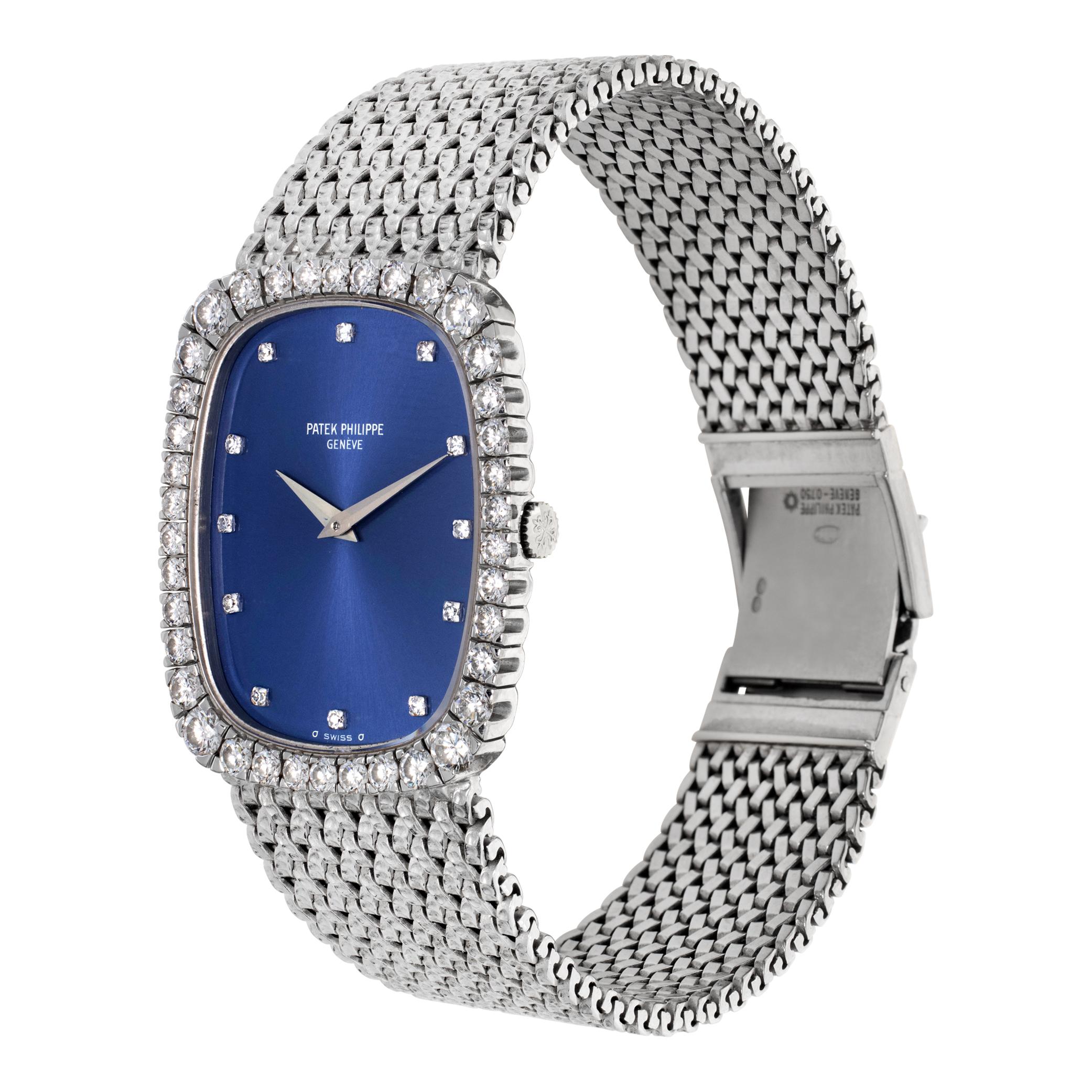 Patek Philippe Ellipse en or blanc 18k sur un bracelet tressé en or blanc 18k avec lunette en diamant de manufacture et cadran en diamant. Manuel. Boîtier de 28 mm. Ref 3617/1. Convient à un poignet de 7,25-7,5
