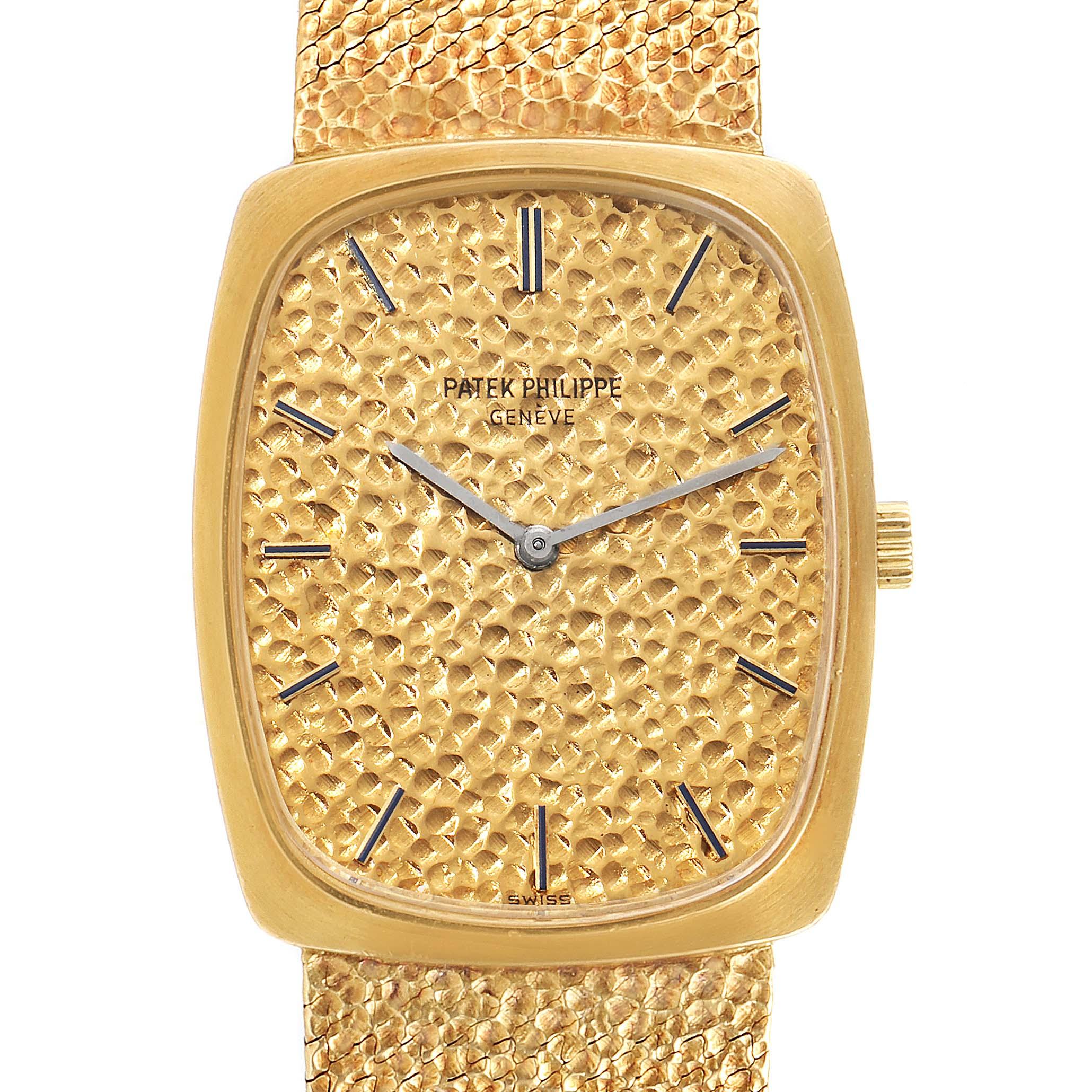 Patek Philippe Ellipse 18k Yellow Gold Vintage Mens Watch 3567. Manual winding movement. 18k yellow gold case 32.0 mm x 26.0 mm. . Scratch resistant sapphire crystal. Champagne texured dial with raised gold baton hour markers and baton hands. 18K