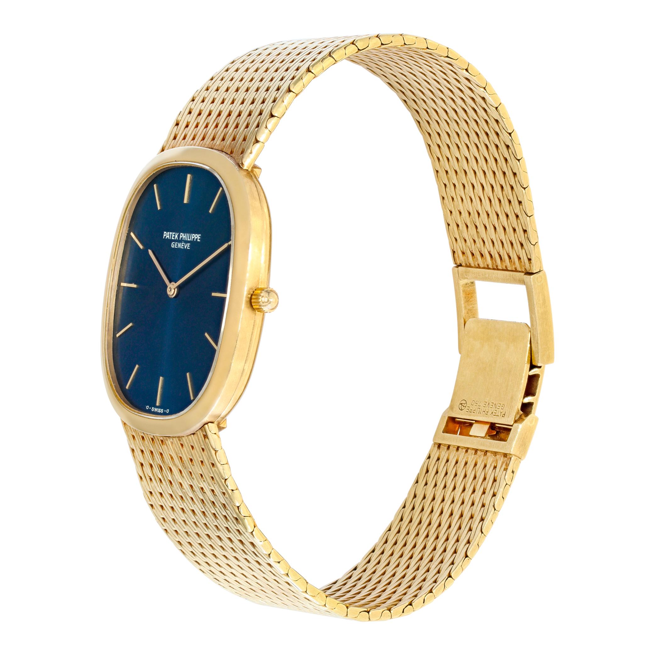 Patek Philippe Golden Ellipse in 18k yellow gold with a blue dial with an 18k gold Patek Philippe woven mesh bracelet and clasp. Auto. 30 mm case size. Ref 3938. With original box.Circa 1990s. Fine Pre-owned Patek Philippe Watch.

 Certified