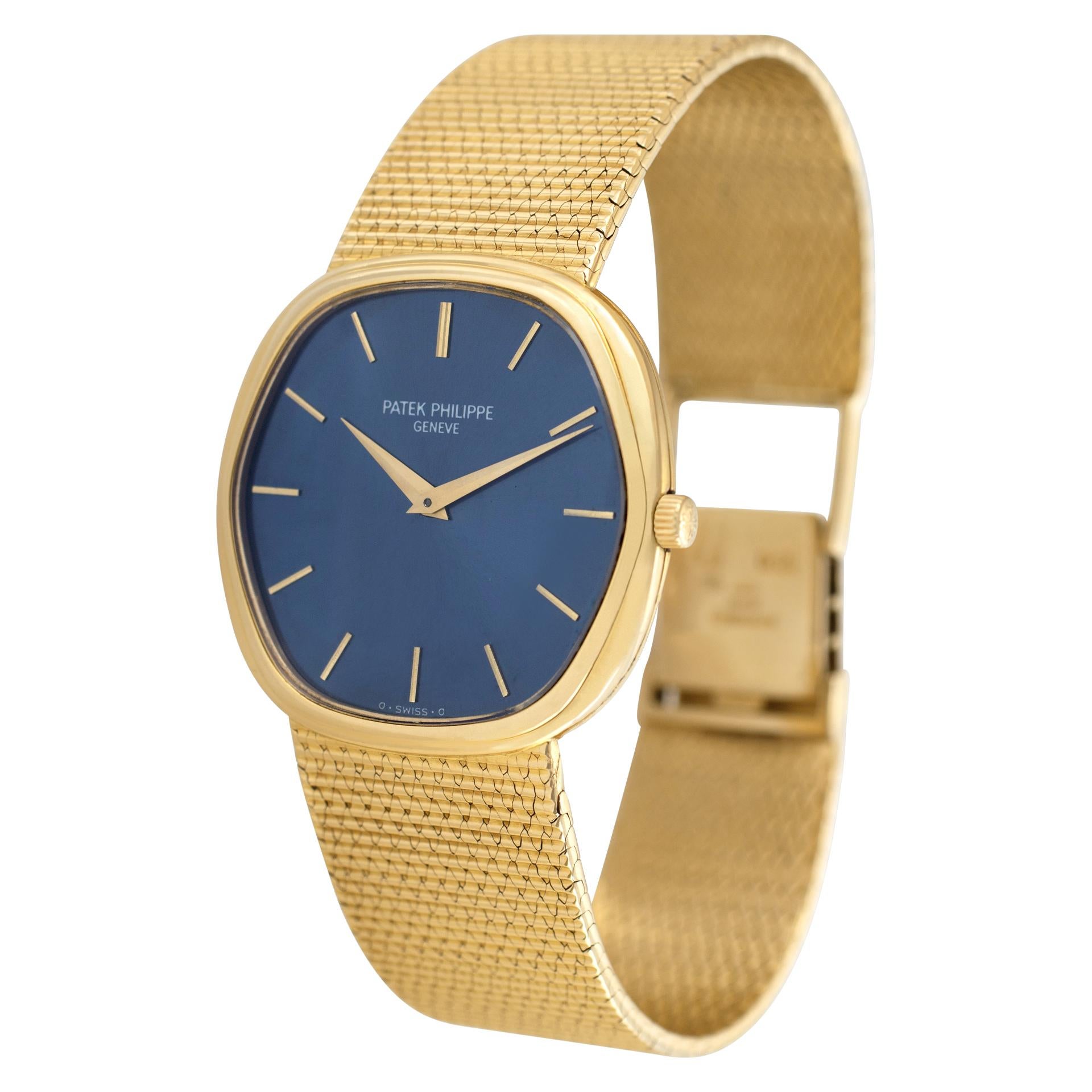 Patek Philippe Golden Ellipse in 18k yellow gold with navy Sigma dial. Auto. 27 jewels movement. 33 mm case size. Circa 1970. Will fit up to a 7 inch wrist. Ref 3861/1. Fine Pre-owned Patek Philippe Watch. Certified preowned Dress Patek Philippe