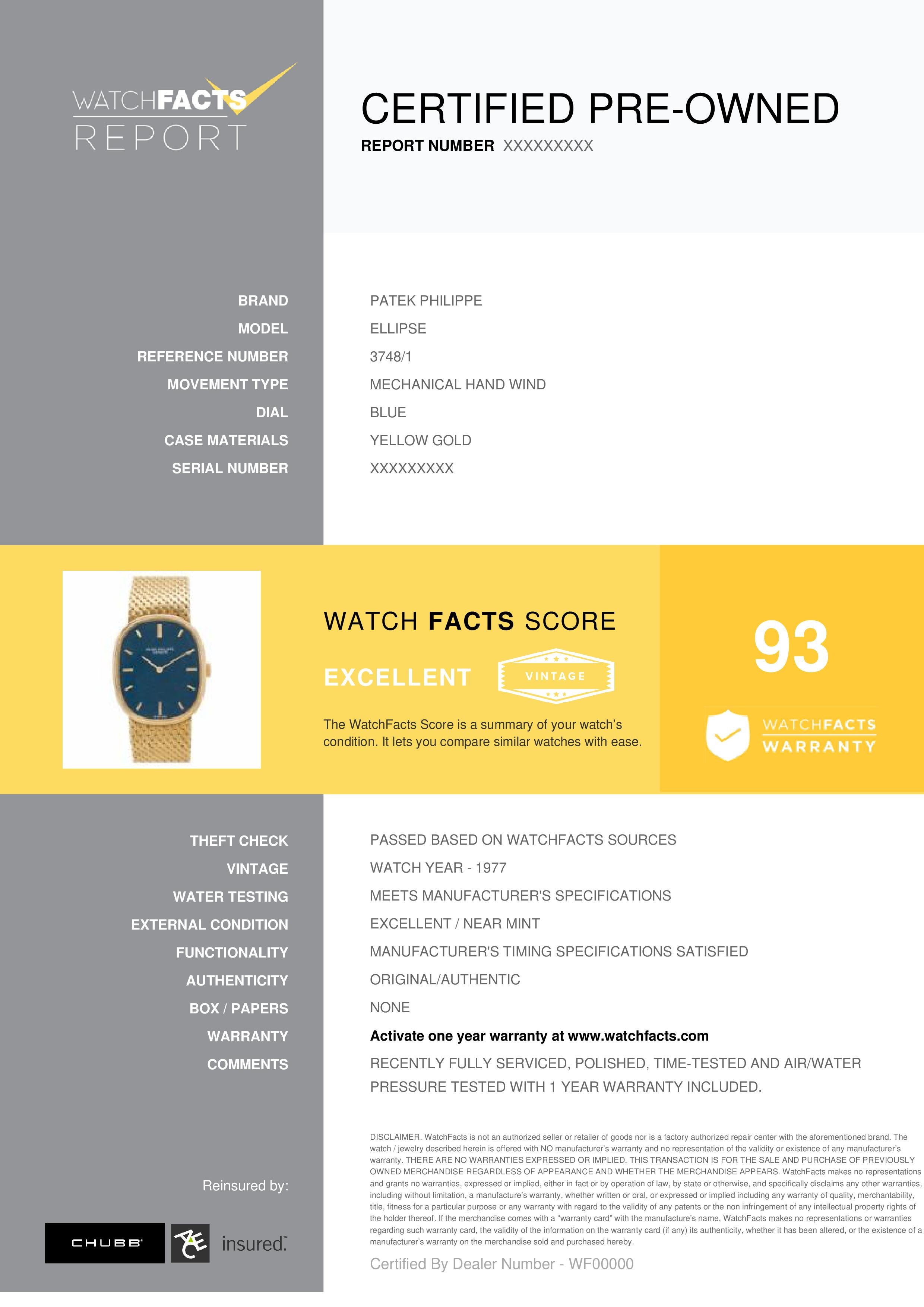 Patek Philippe Ellipse Reference #: 3748/1. Mens Mechanical Hand Wind Watch Yellow Gold Blue 32 MM. Verified and Certified by WatchFacts. 1 year warranty offered by WatchFacts.
