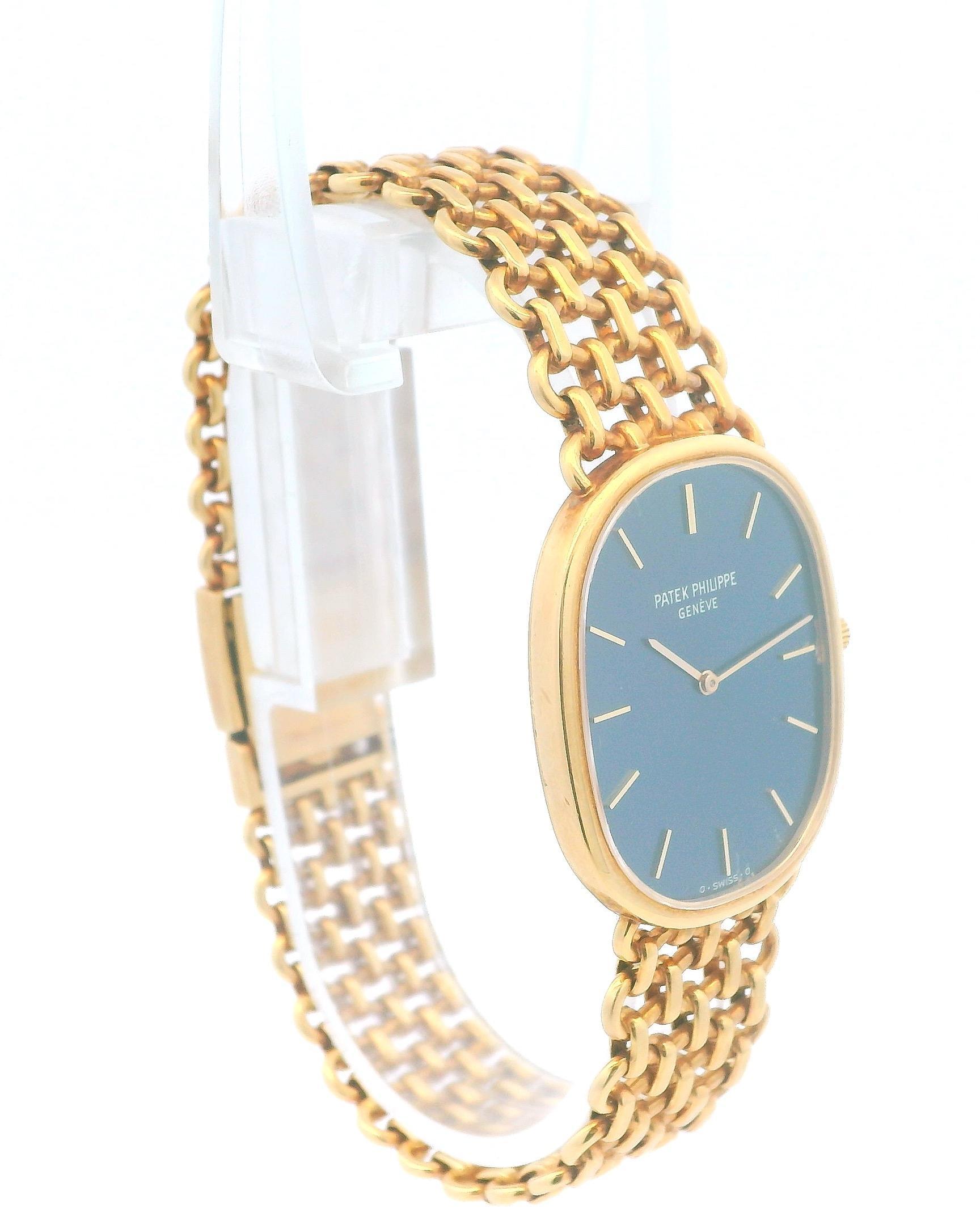 Die Patek Philippe Ellipse 3778/2 ist eine elegante Damenuhr, die die tadellose Handwerkskunst, für die die Marke bekannt ist, unter Beweis stellt. Mit ihrem luxuriösen 27-mm-Gehäuse (ohne Krone) aus 18 Karat Gelbgold strahlt sie Raffinesse aus. Die