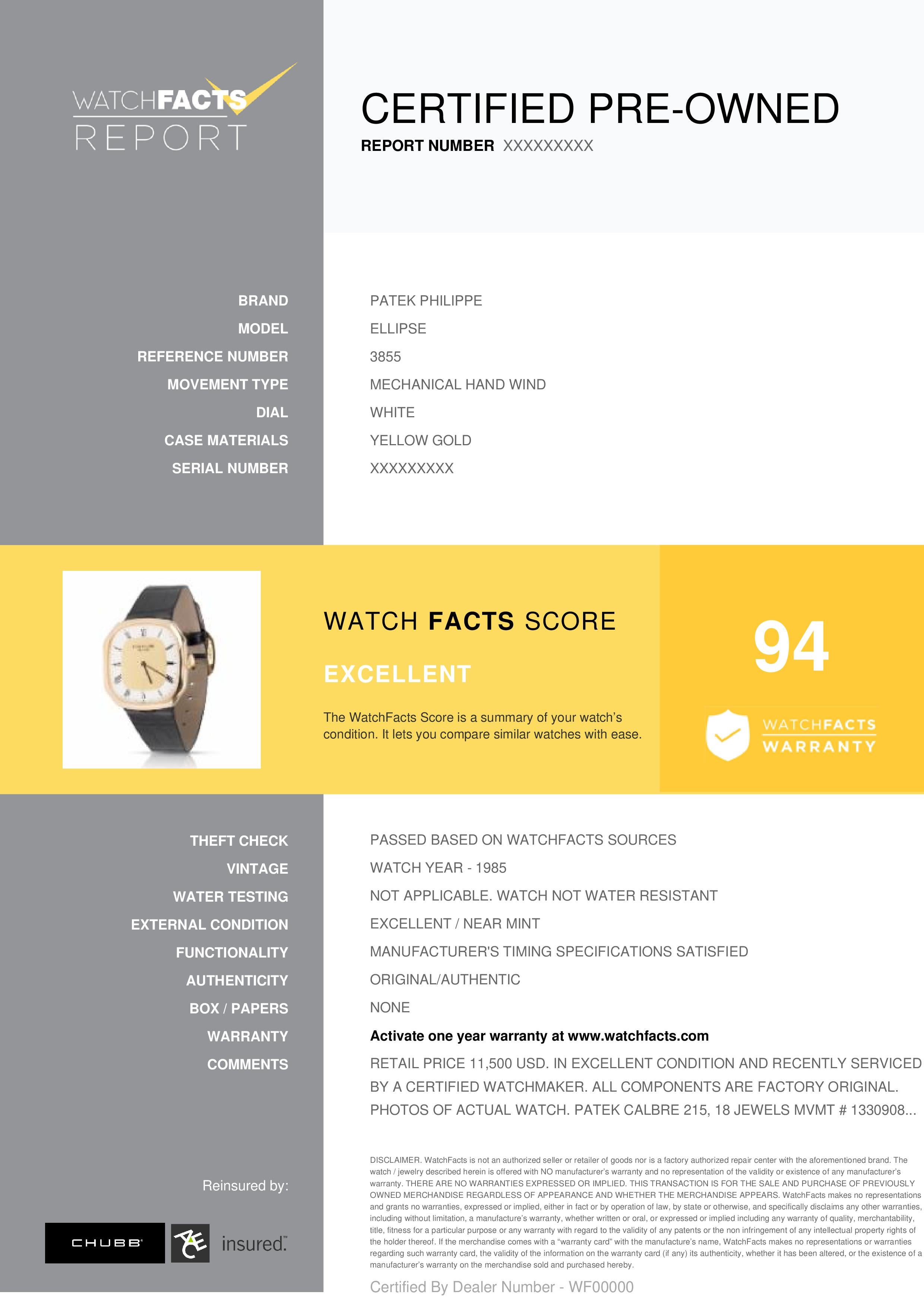Patek Philippe Ellipse Reference #: 3855. Mens Mechanical Hand Wind Watch Yellow Gold White 30 MM. Verified and Certified by WatchFacts. 1 year warranty offered by WatchFacts.
