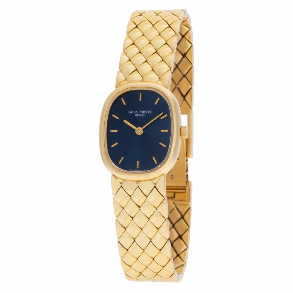 Ladies Patek Philippe Ellipse blue sunburst dial in 18k. Quartz. 19.5 mm case size. With Patek Philippe papers. Will fit a 6