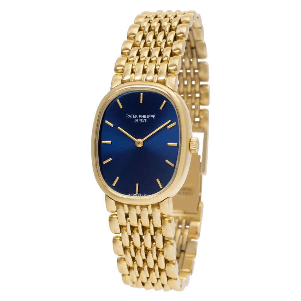 Patek Philippe Ellipse Reference #:4826/022. Patek Philippe Ellipse in 18k gold with a navy blue dial on an 18k gold link bracelet. Manual. 23 mm case size. With box and papers. Ref 4826/022. Circa: 1999. Fine Pre-owned Patek Philippe Watch.