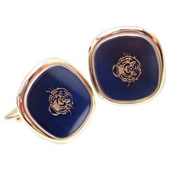 Patek Philippe Ellipse D'or Blue Sunburst Tiger Head Large Yellow Gold Cufflinks