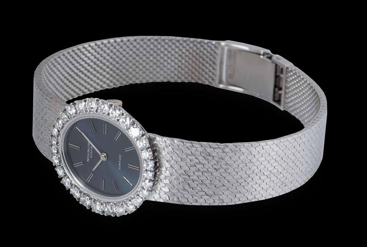 Taille ronde Patek Philippe Ellipse Ladies Or blanc 18k Double Nom Lunette Diamant Somazzi