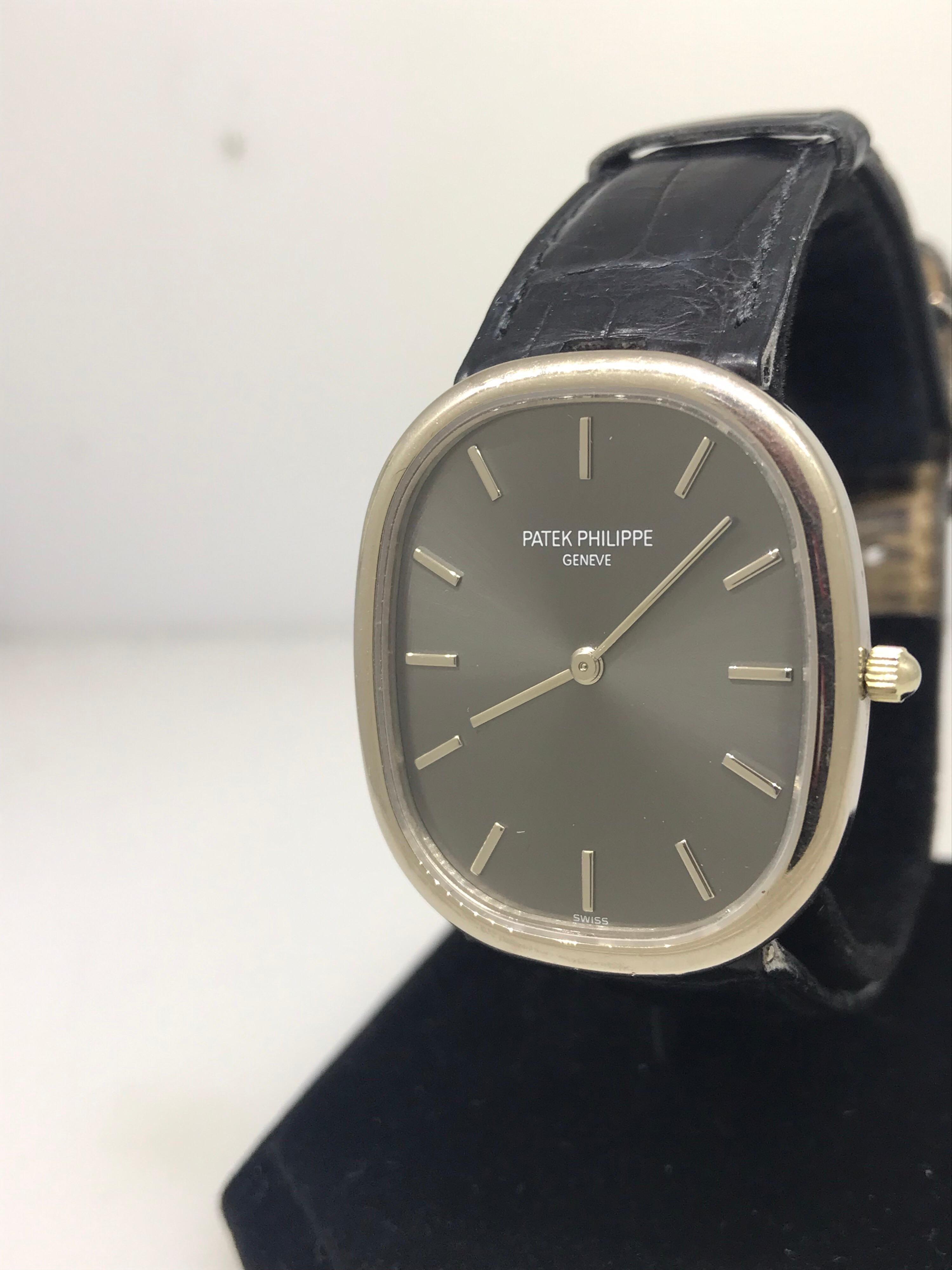Patek Philippe Ellipse Men's Watch

Model Number: 3738/100G

100% Authentic

Pre-owned 

Case is in excellent condition. Strap is worn out

Comes with original Patek Philippe Warranty 

White Gold Case & Buckle

Gray Dial

Case Dimensions: 31.1mm x
