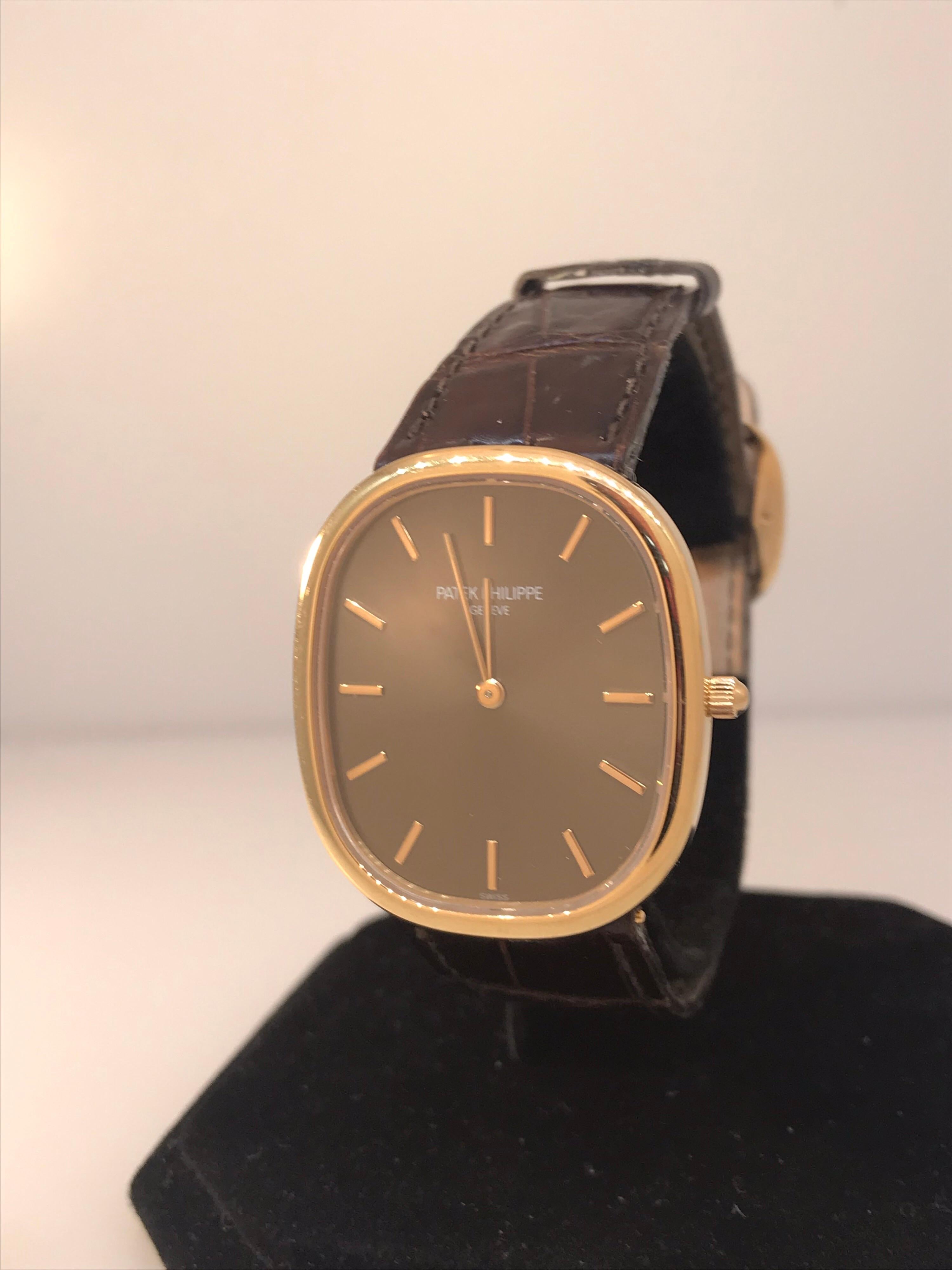 Patek Philippe Ellipse Men's Watch

Model Number: 3738/100R

100% Authentic

Preowned

Comes with original Patek Philippe Warranty

Case is in excellent condition. Strap is worn

18 Karat Rose Gold Case & Buckle

Brown Dial

Case Dimensions: 31.1mm
