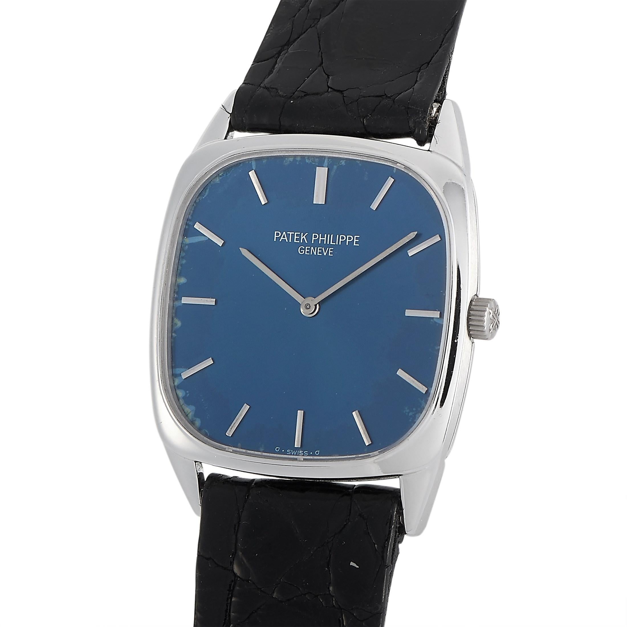 The Patek Philippe Ellipse Watch, reference number 3566, is a stately timepiece that makes a statement thanks to its bold, minimalist aesthetic.

Sleek and simple, this sophisticated timepiece includes an 18K White Gold case measuring 28 x 35 mm.
