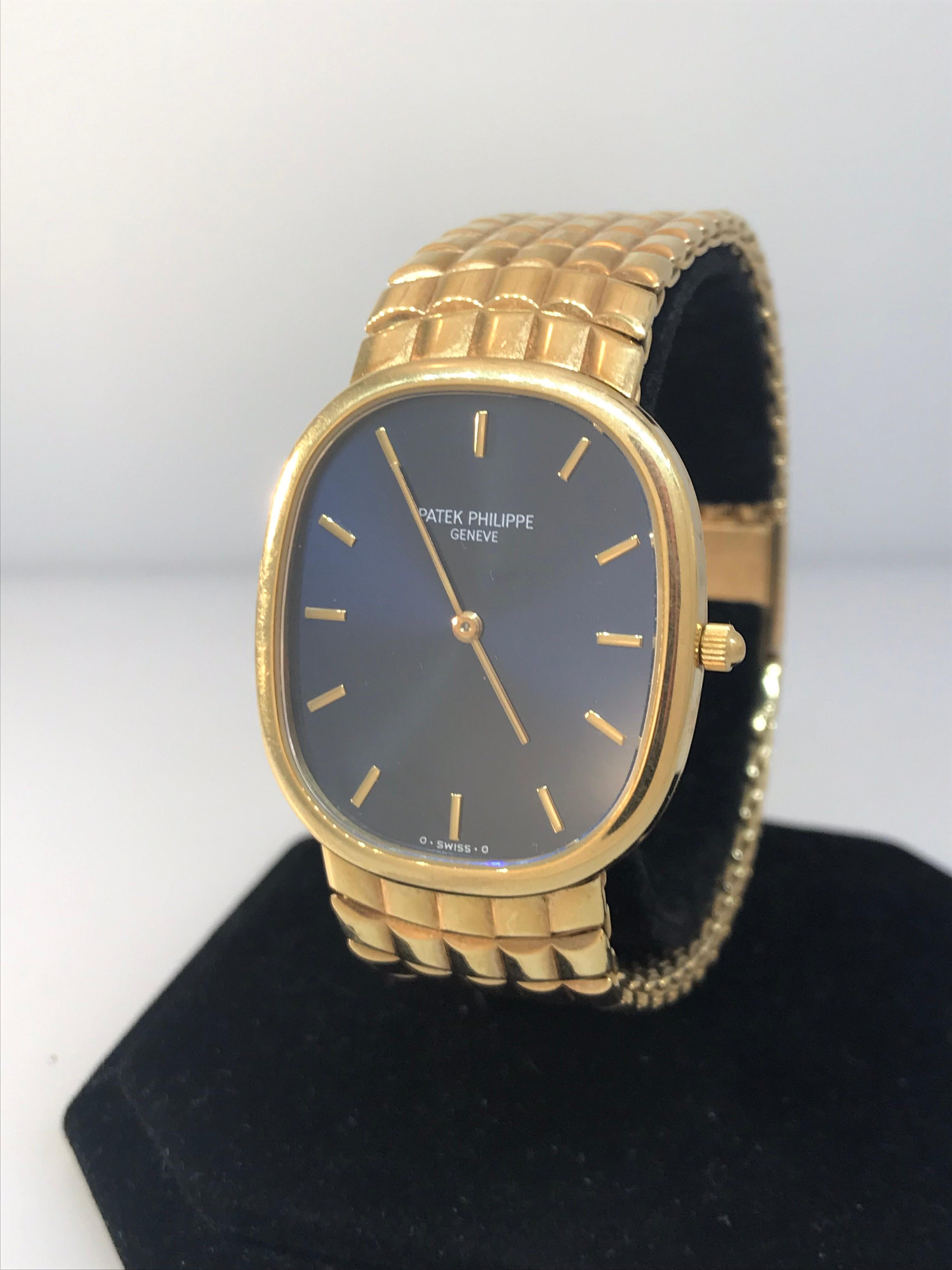 Patek Philippe Ellipse Men's Watch

Model Number: 3738/115

100% Authentic

Preowned in excellent condition

Comes with a generic watch box

18 Karat Yellow Gold Case & Bracelet

Blue Dial

Case Dimensions: 31.5mm x 35.6mm

Swiss made automatic
