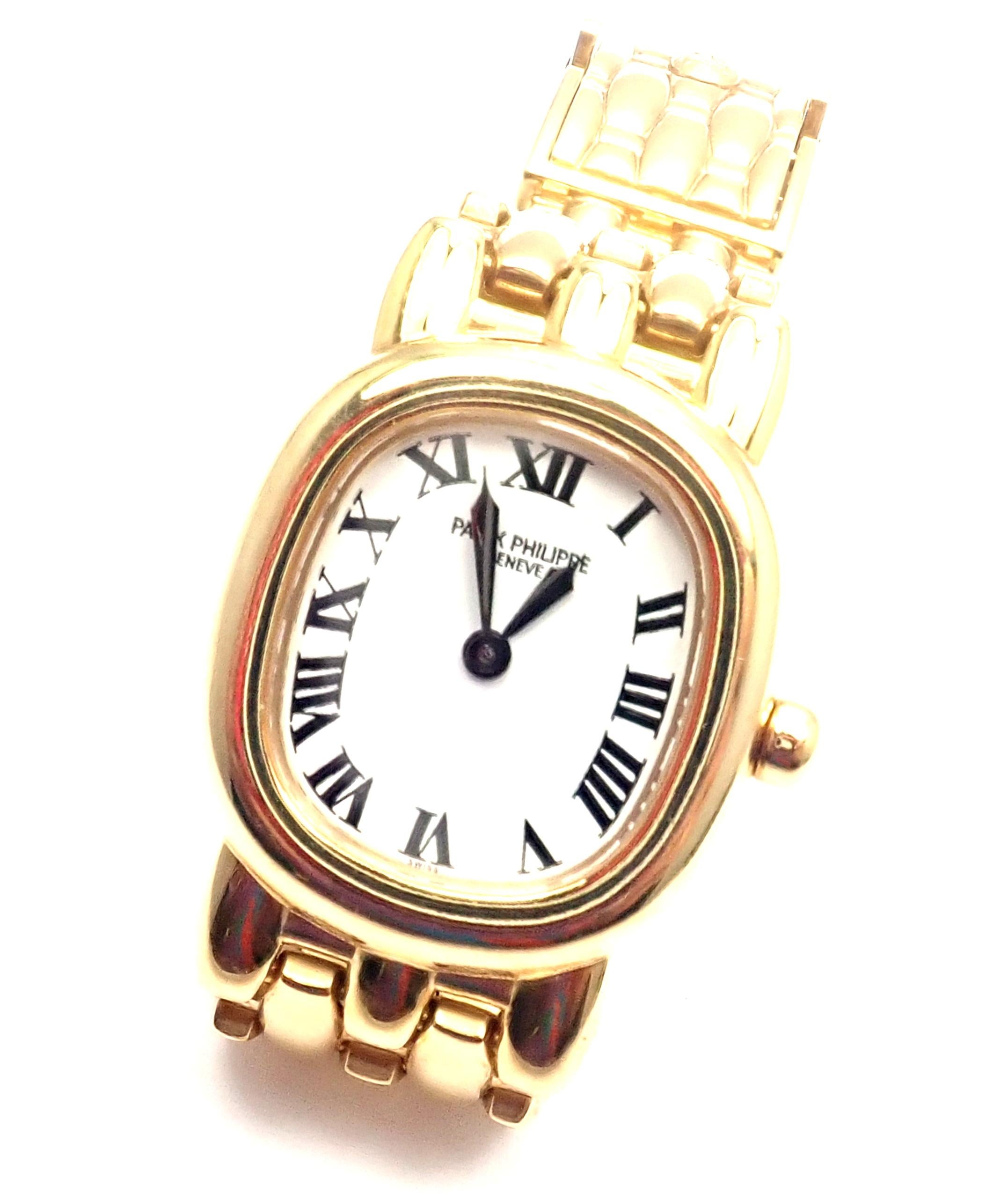 18k yellow gold Ellipse wristwatch by Patek Philippe, Ref 4830/1.
 This watch is in mint, like-new condition. 
Comes with box and tags from Patek Philippe. 
Details: 
Movement: Quartz function hours/minutes
Case Size: 26 x 23mm
Case Material: 18k