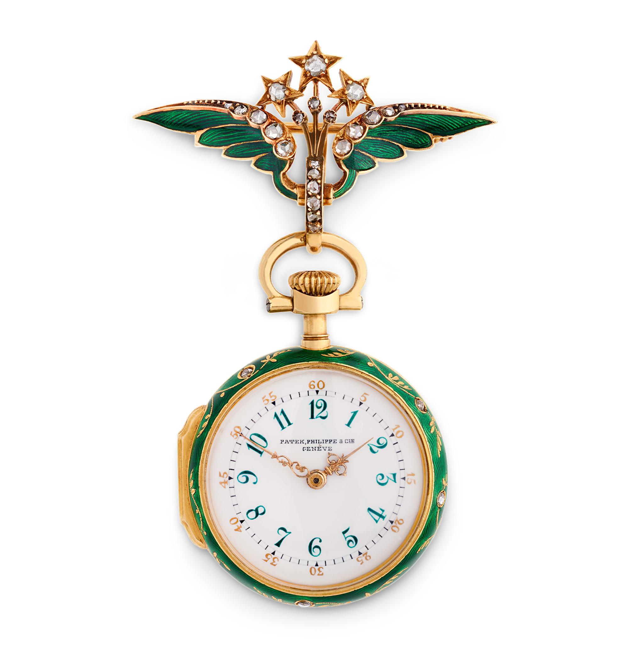 A masterpiece of turn-of-the-century elegance, this exceptional Patek Philippe & Cie watch brooch captures the refinement and artistry of the era while exemplifying the brand’s mastery of horology. Crafted in 18K yellow gold, the design is adorned