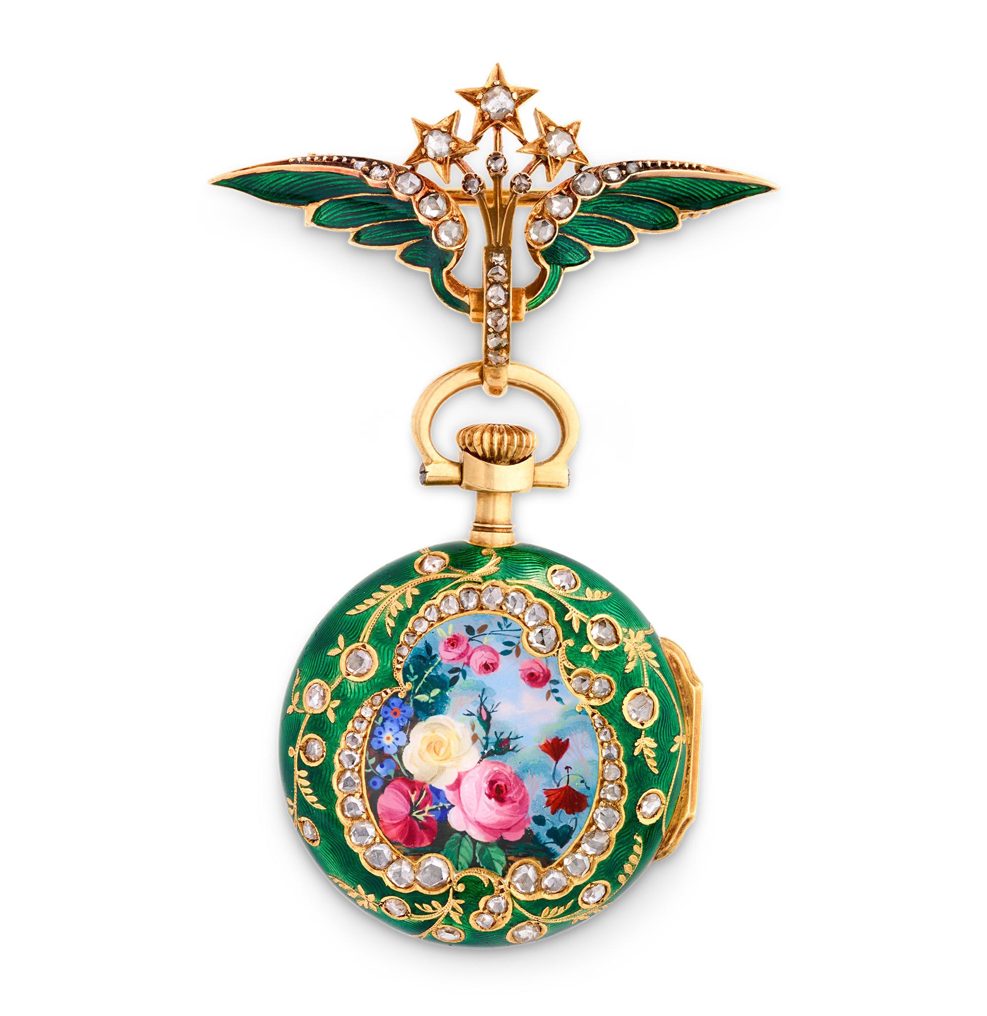 Rose Cut Patek Philippe Enamel Brooch Watch