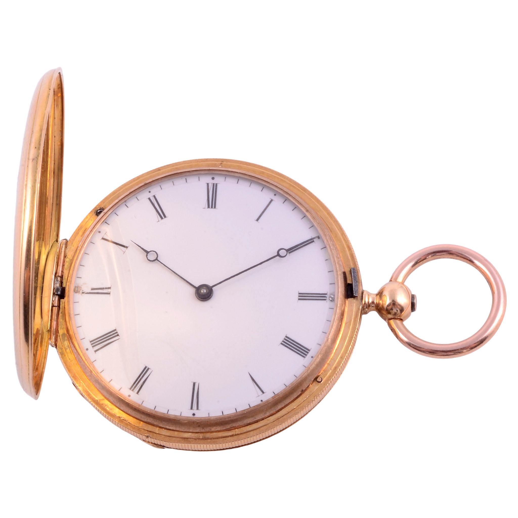 Antique Patek Philippe enameled 18K pocket watch, circa 1850. This 18 karat yellow gold key wind hunter case pocket watch made by Patek Philippe features enamel and engraving on both sides. The case is signed N5090 FY & E NY Patek Philippe 1 Geneve.