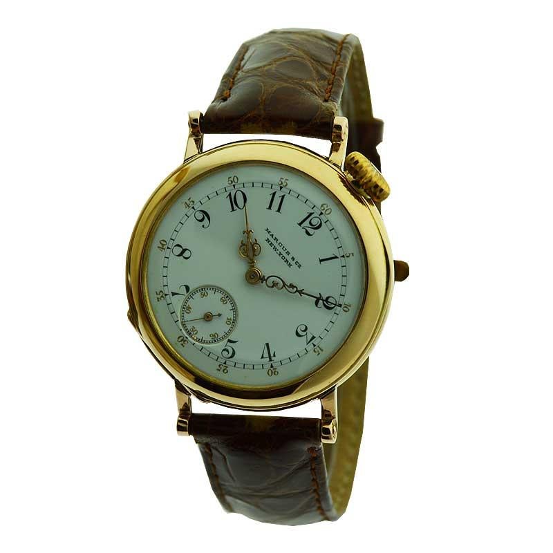 FACTORY / HOUSE: Patek Philippe / Marcus & Co.
STYLE / REFERENCE: Military / Campaign Style / Pendant Wrist Watch
METAL / MATERIAL: 18kt Rose Gold
CIRCA / YEAR: 1890's
DIMENSIONS / SIZE: 44mm x 36mm
MOVEMENT / CALIBER: Manual Winding / Jewels 
DIAL