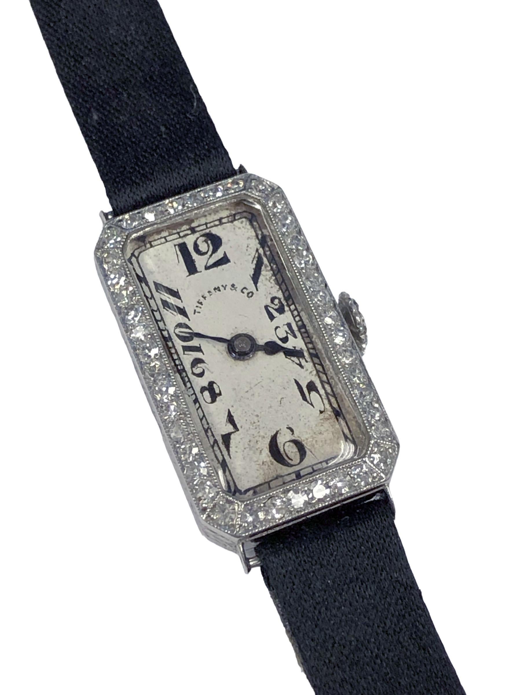 Old European Cut Patek Philippe for Tiffany & Company Ladies Platinum and Diamond Wrist Watch  For Sale