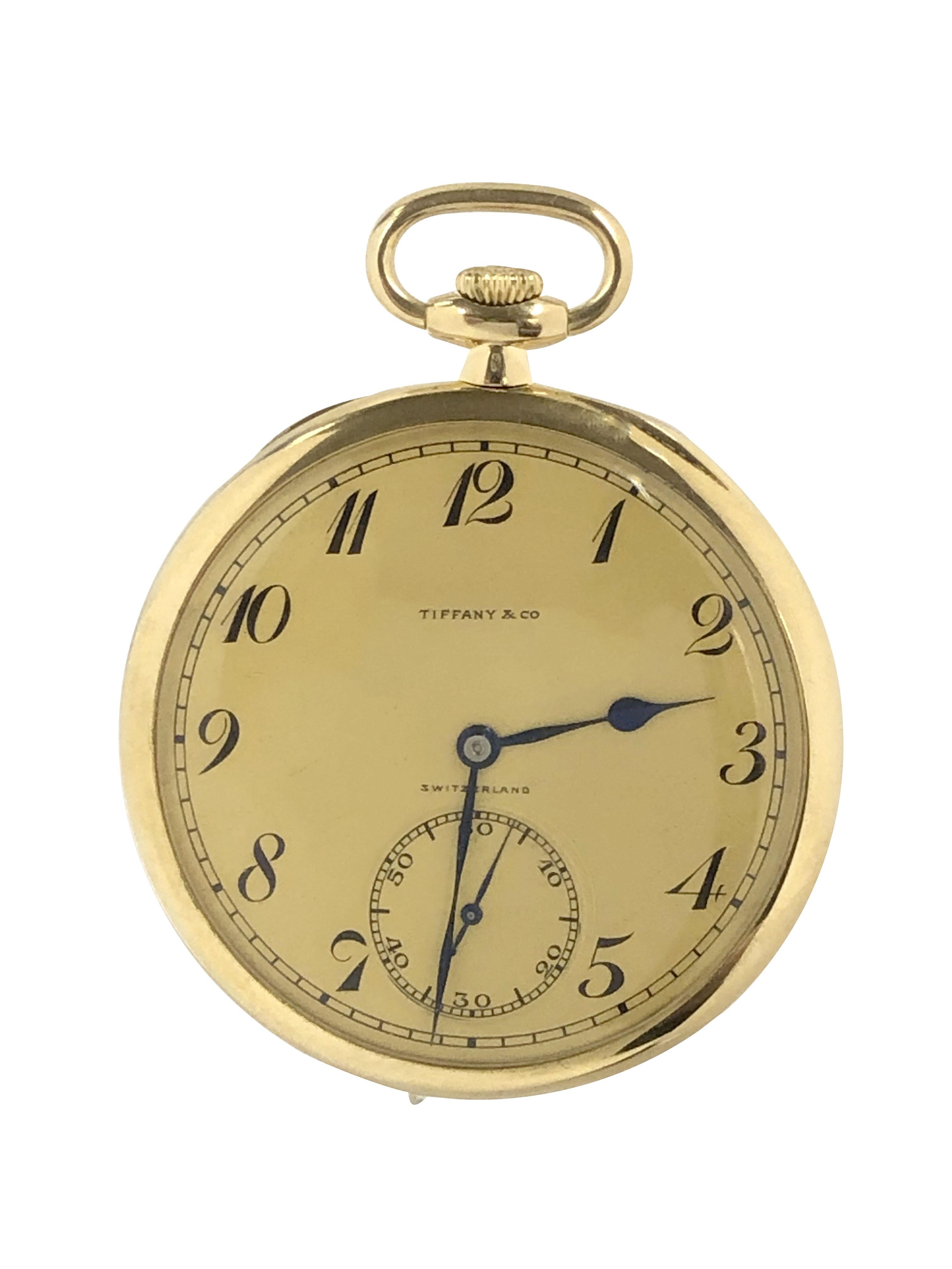 Circa 1930s Patek Philippe for Tiffany & Company Presentation Pocket Watch, 47 M.M 18k Yellow Gold 3 piece case with inside Gold dust cover, 18 Jewel Mechanical, Manual wind Nickle Lever movement, Mat finish Gold Dial. Engraved presentation dated