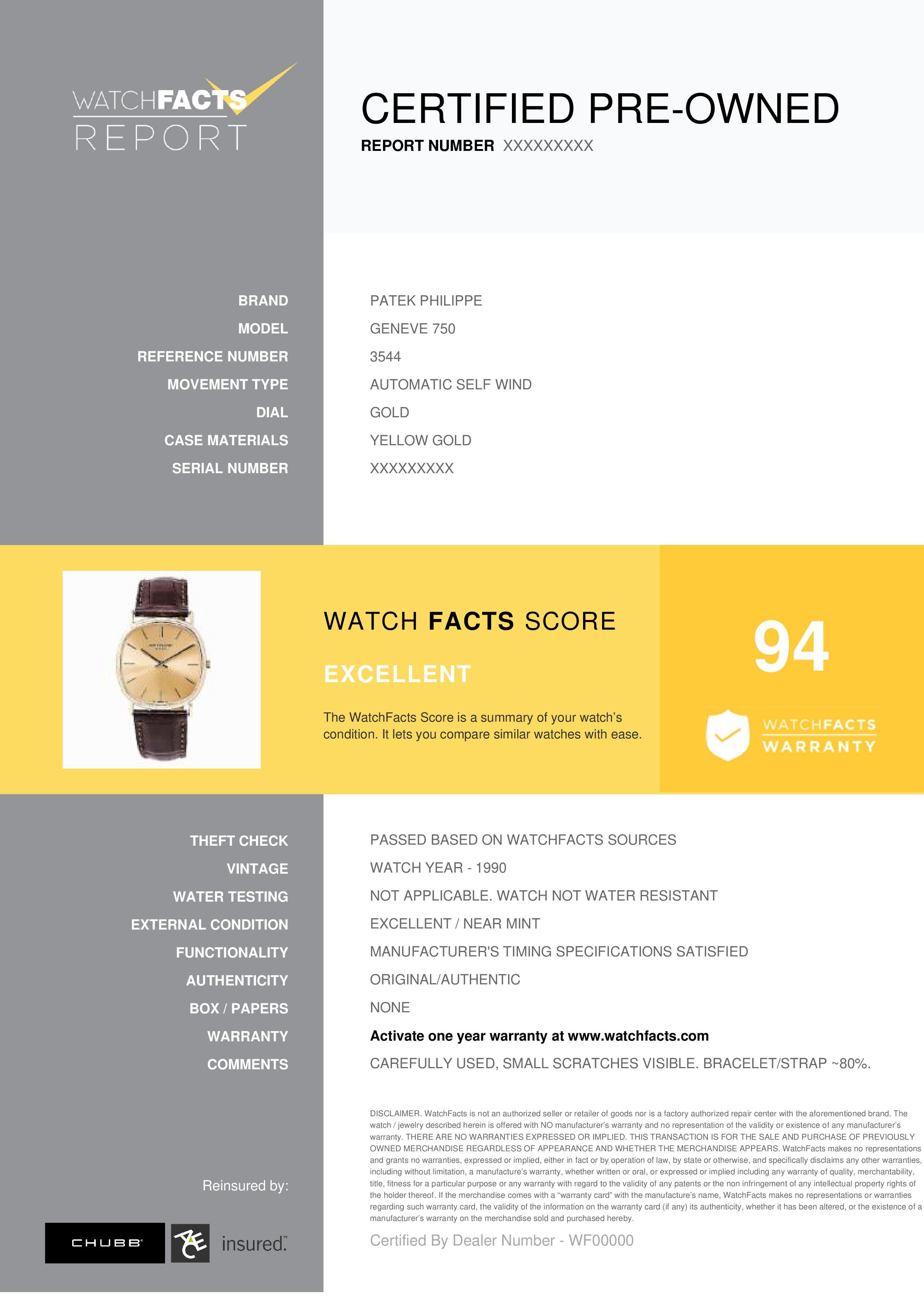 Patek Philippe Geneve 750 Reference #: 3544. Mens Automatic Self Wind Watch Yellow Gold Gold 32 MM. Verified and Certified by WatchFacts. 1 year warranty offered by WatchFacts.
