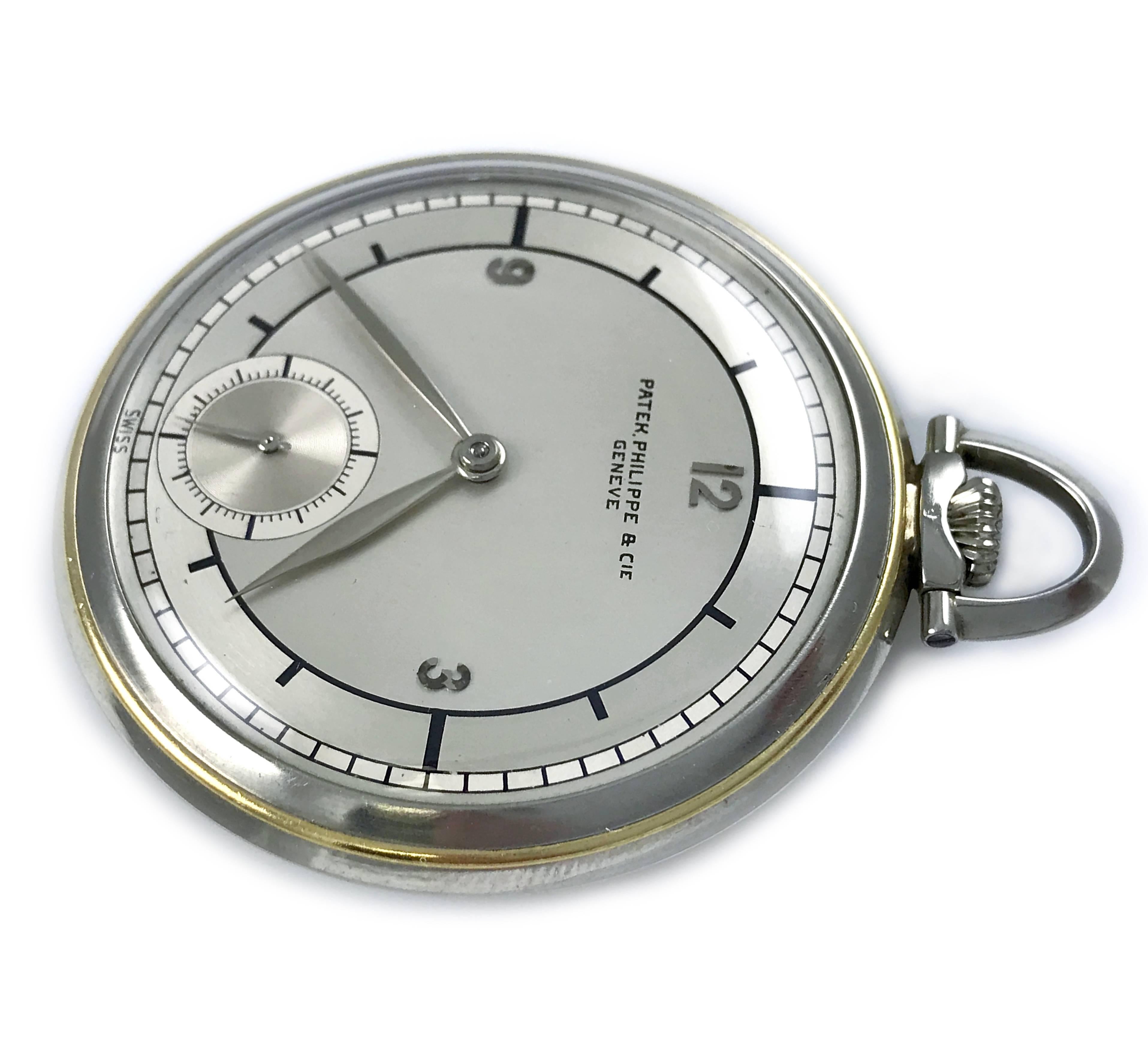 Patek Philippe & Co. Genéve Two-Tone 18k Gold, 18 Jewels Pocket Watch. White gold leaf-style hour and minute hands for dial and sub-dial, and a manual wind movement. Inscribed on the inside of the back of the timepiece is Serial #880848 Three heat,