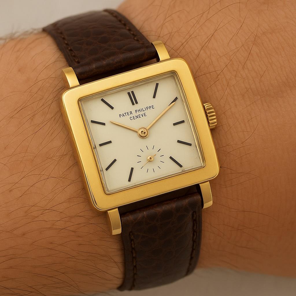 Patek Philippe Genève Vintage Square 18K Gold Wristwatch with Angled Crystal, Circa 1940s–1950s
A stunning example of mid-century Swiss elegance, this vintage Patek Philippe Genève wristwatch embodies the brand’s mastery of refined design and