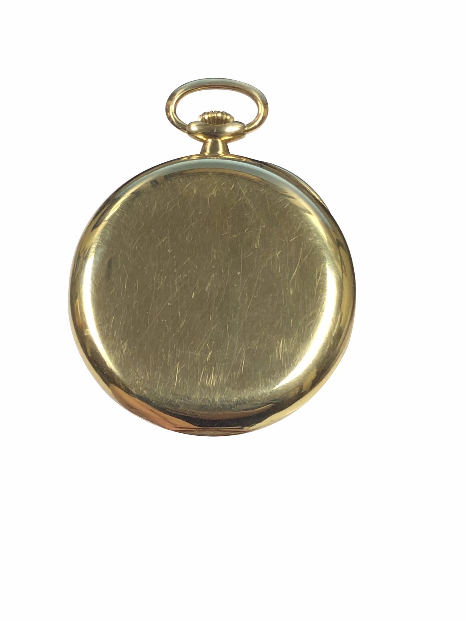 Circa 1940s very fine and clean Gents Patek Philippe Pocket Watch, 45 M.M. 3 piece 18k Yellow Gold case with inside dust cover, 18 Jewel nickle lever movement. Original Silver Satin dial with Raised Gold Arabic markers and Gold Hands. Triple Signed,
