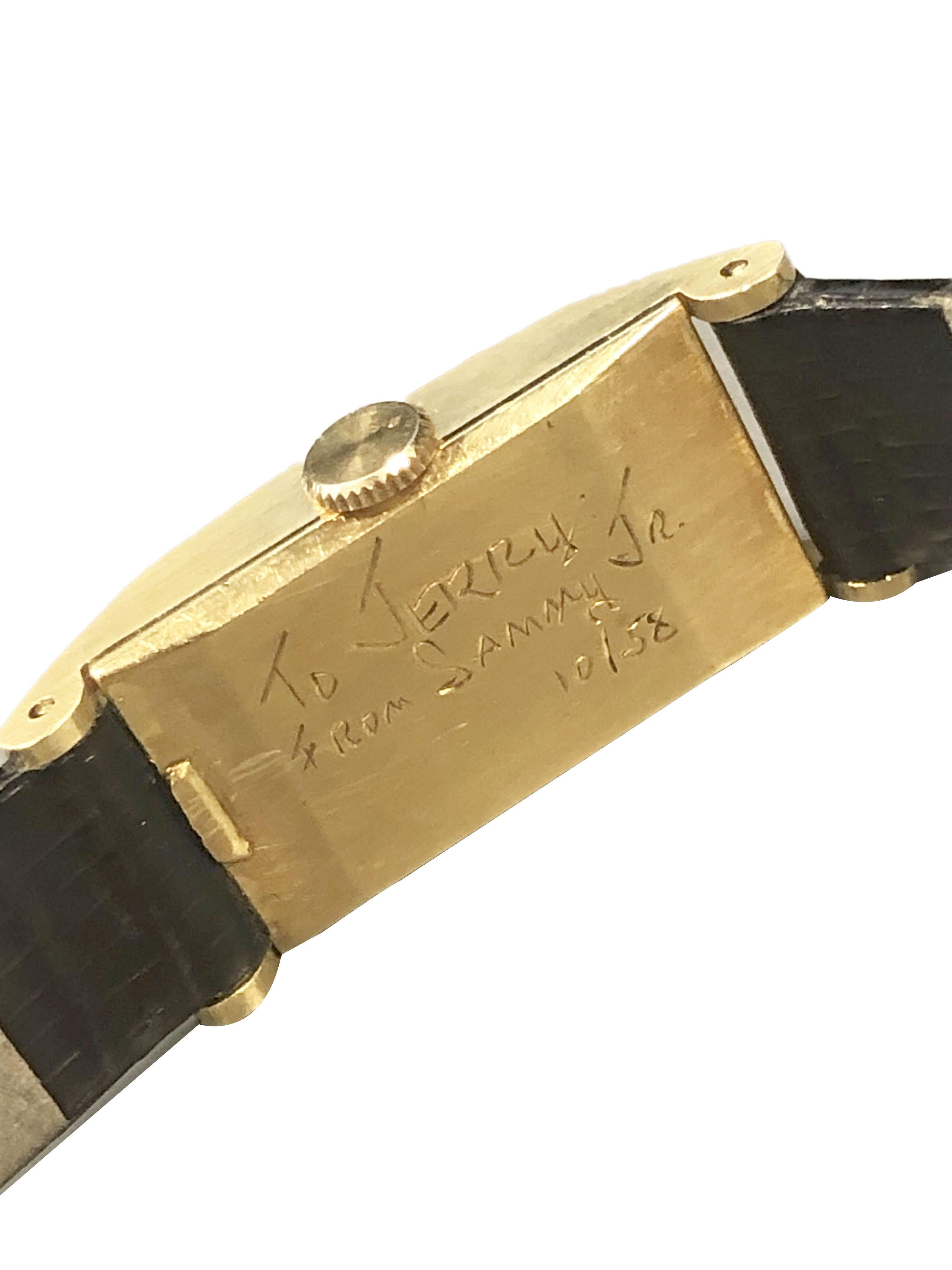 Circa 1958 Patek Philippe Wrist Watch, Presented in 1958 From Hollywood Icon Sammy Davis Jr. to his good friend and another Hollywood Icon Jerry Lewis.  33 X 10 M.M. 18K Yellow Gold 2 Piece case. 19 Jewel Nickel Lever Mechanical, Manual wind