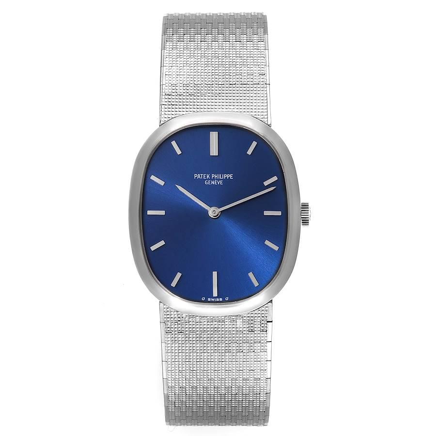 Patek Philippe Golden Ellipse 18k White Gold Blue Dial Ladies Watch 3548. Manual winding movement. 18k white gold oval shaped case 27.0 mm x 32.0 mm. . Mineral crystal. Blue dial with applied baton hour markers and baton hands. White gold integrated