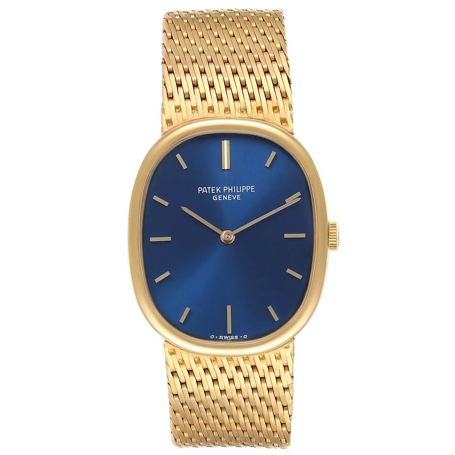 Patek Philippe Golden Ellipse 18k Yellow Gold Blue Dial Ladies Watch 3548. Manual winding movement. Rhodium-plated, fausses cotes decoration, straight-line lever escapement, Gyromax balance adjusted for heat, cold, isochronism and five positions,