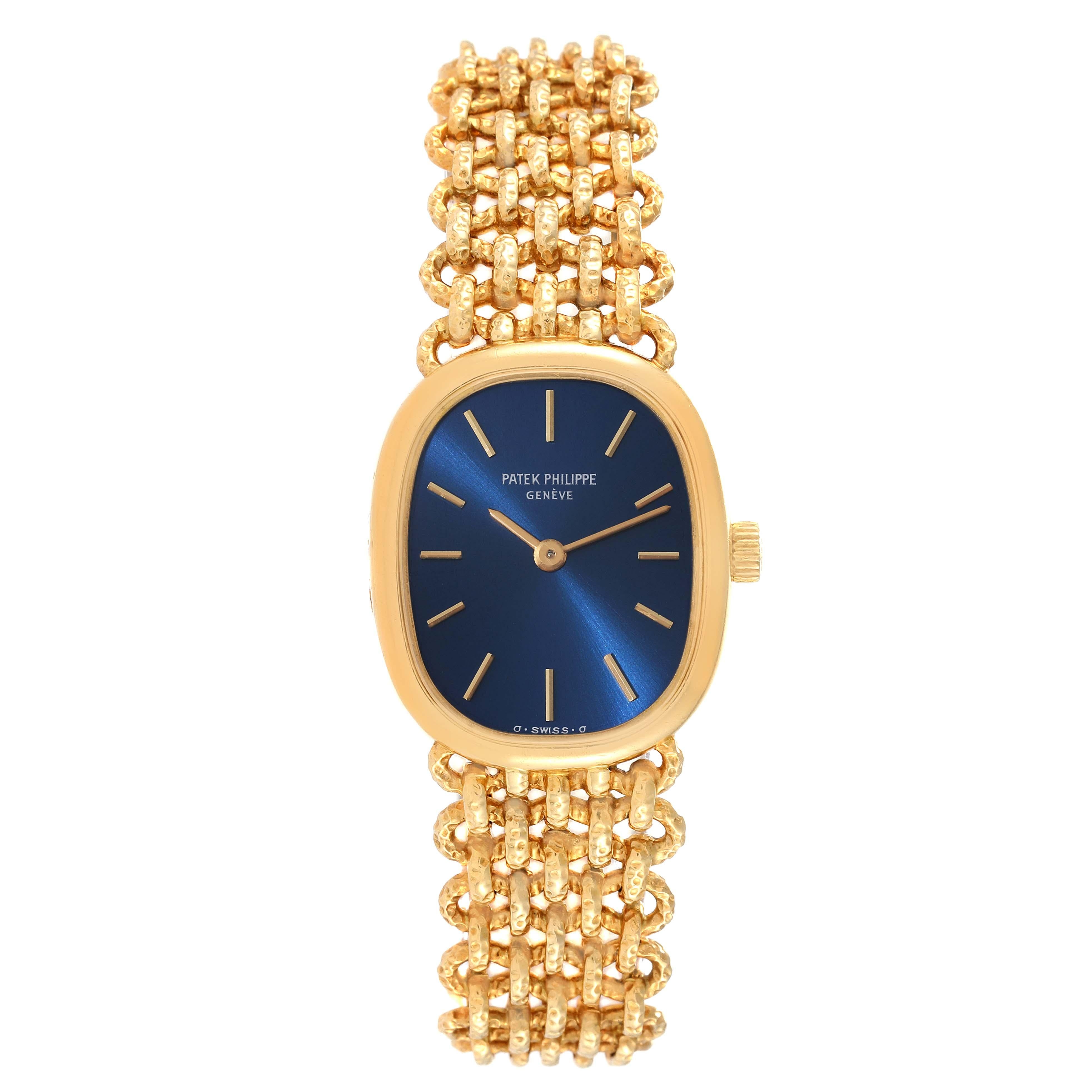 Patek Philippe Golden Ellipse 18k Yellow Gold Blue Dial Ladies Watch 4464. Quartz movement. 18k yellow gold case 24 mm x 20 mm. Thickness. 5 mm. 18k yellow gold bezel. Scratch resistant sapphire crystal. Blue satin dial with raised baton hour