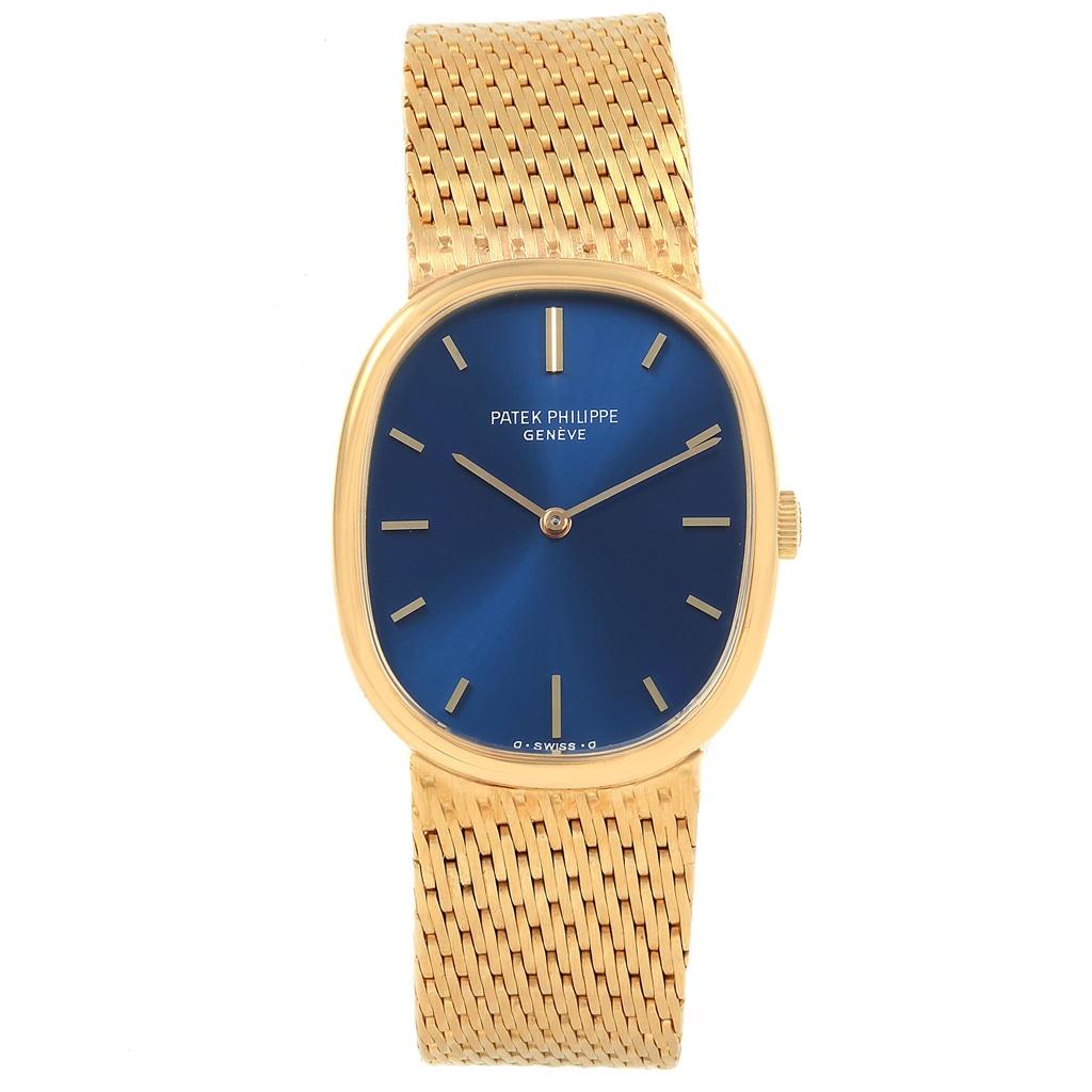 Patek Philippe Golden Ellipse 18k Yellow Gold Blue Dial Mens Watch 3548. Manual winding movement. Rhodium-plated, fausses cotes decoration, straight-line lever escapement, Gyromax balance adjusted for heat, cold, isochronism and five positions,