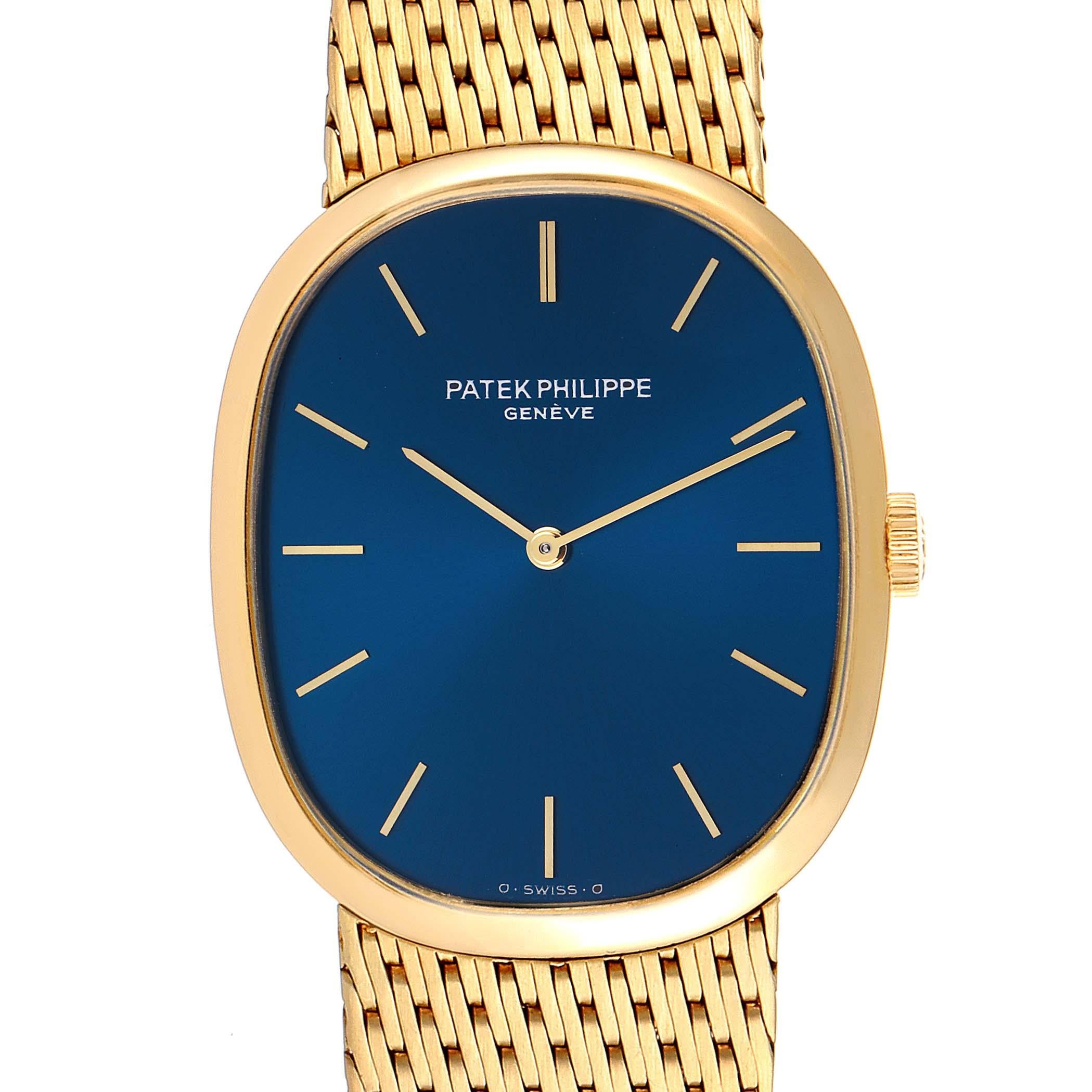 Patek Philippe Golden Ellipse 18k Yellow Gold Blue Dial Watch 3748. Manual-winding movement. Rrhodium-plated, fausses cotes decoration, straight-line lever.escapement, Gyromax balance adjusted to heat, cold, isochronism and 5 positions.shock