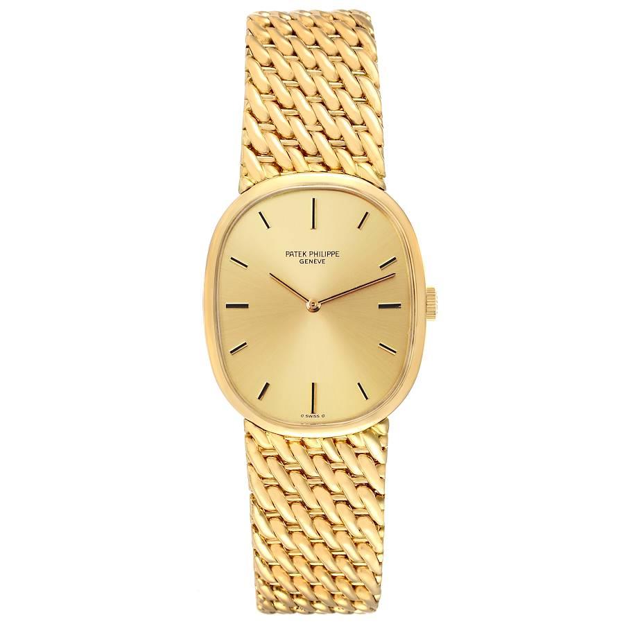 Patek Philippe Golden Ellipse 18k Yellow Gold Champagne Dial Mens Watch 3848. Manual winding movement. Rhodium-plated, fausses cotes decoration, straight-line lever escapement, Gyromax balance adjusted for heat, cold, isochronism and five positions,