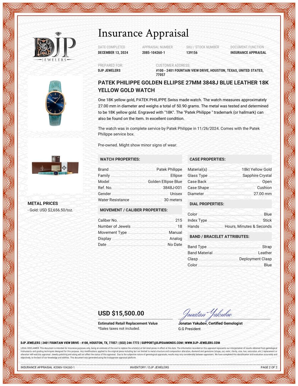 Patek Philippe Golden Ellipse 27MM 3848J Blue Leather 18K Yellow Gold Watch 9