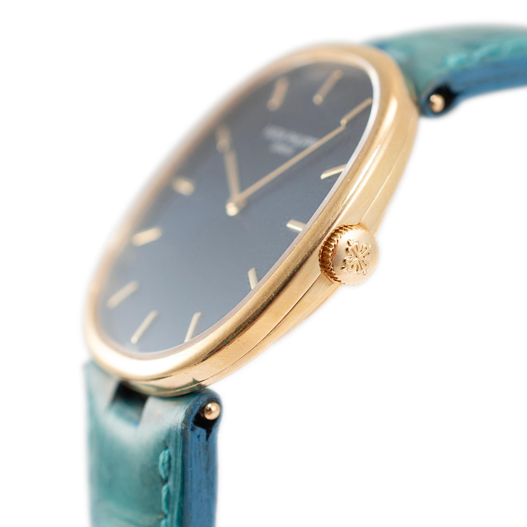Patek Philippe Golden Ellipse 27MM 3848J Blue Leather 18K Yellow Gold Watch In Excellent Condition In Houston, TX